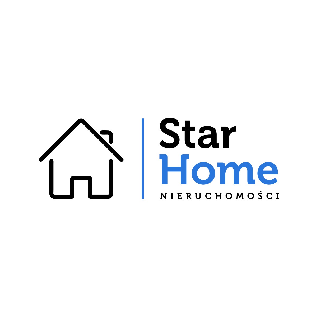 Logo firmy Star Home Nieruchomości z Krasnegostawu, przedstawiające stylizowany czarny obrys domu obok pionowej niebieskiej linii i nazwy firmy w kolorach czarnym i niebieskim.