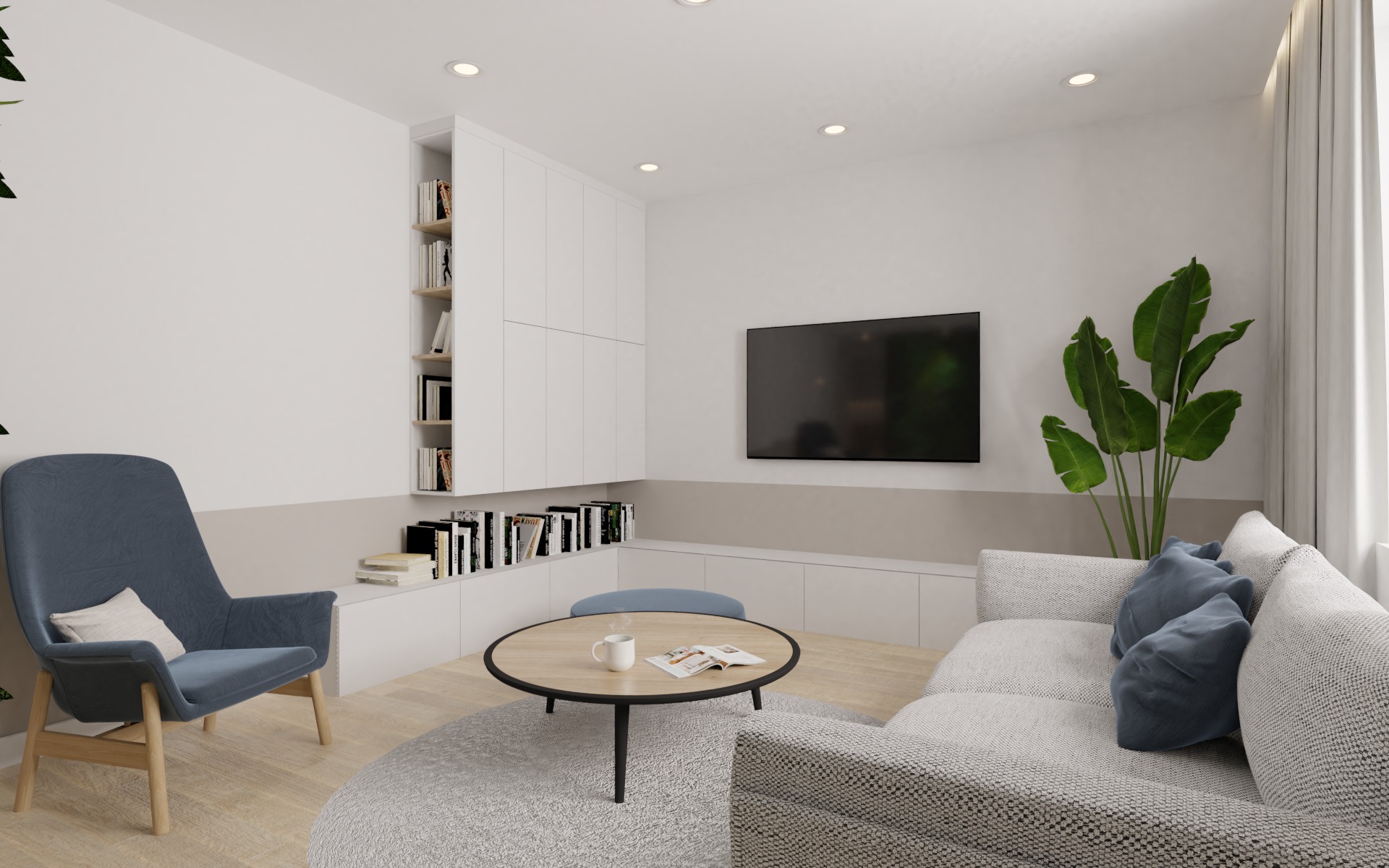 Jasne wnętrze salonu z szarą sofą, błękitnym fotelem, okrągłym stolikiem kawowym z filiżanką i czasopismem, zabudową meblową z półkami na książki i telewizorem na ścianie.