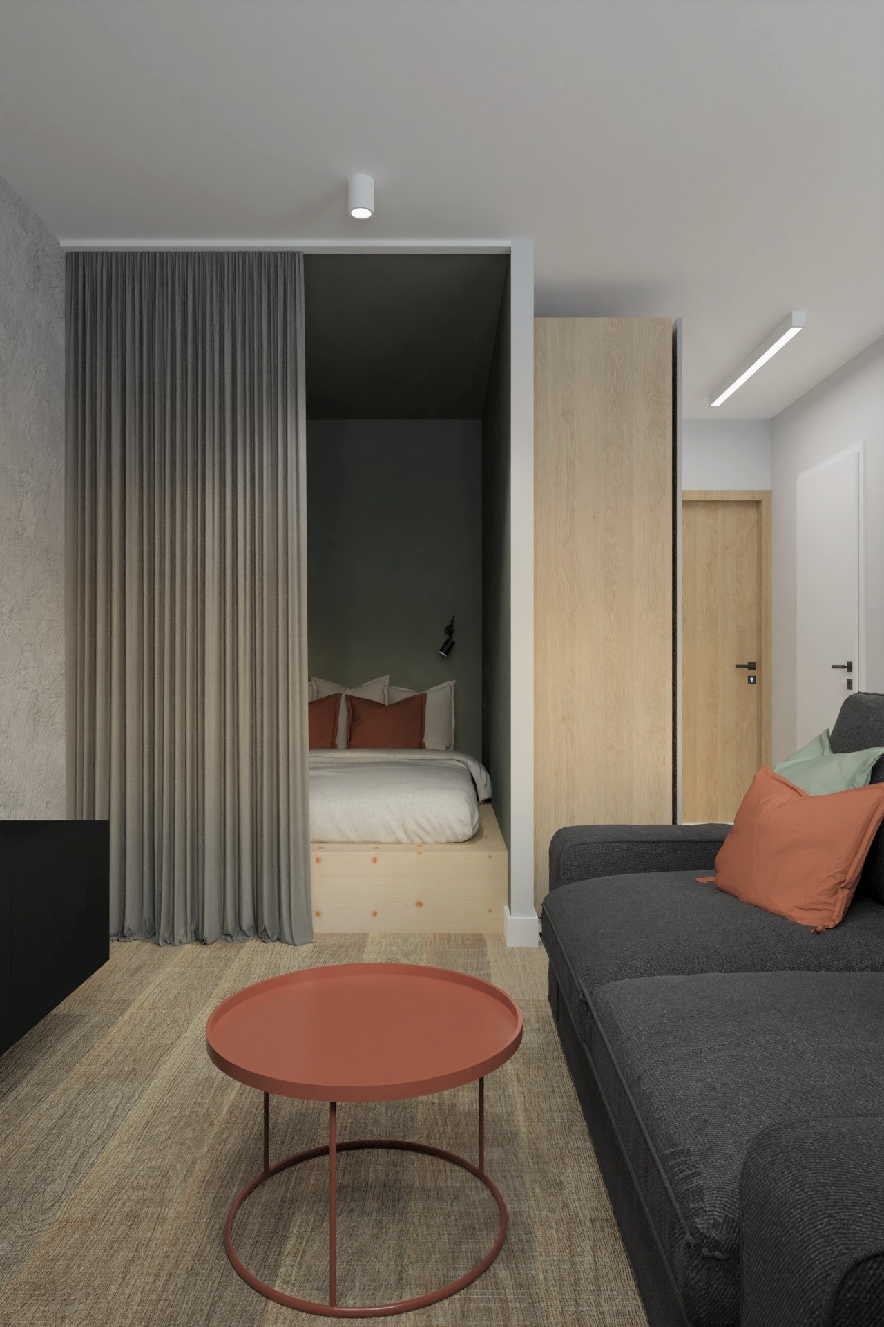 Projekt kawalerki na wynajem Dzięki niewielkim zmianom w układzie ścian udało się wygospodarować miejsce do spania