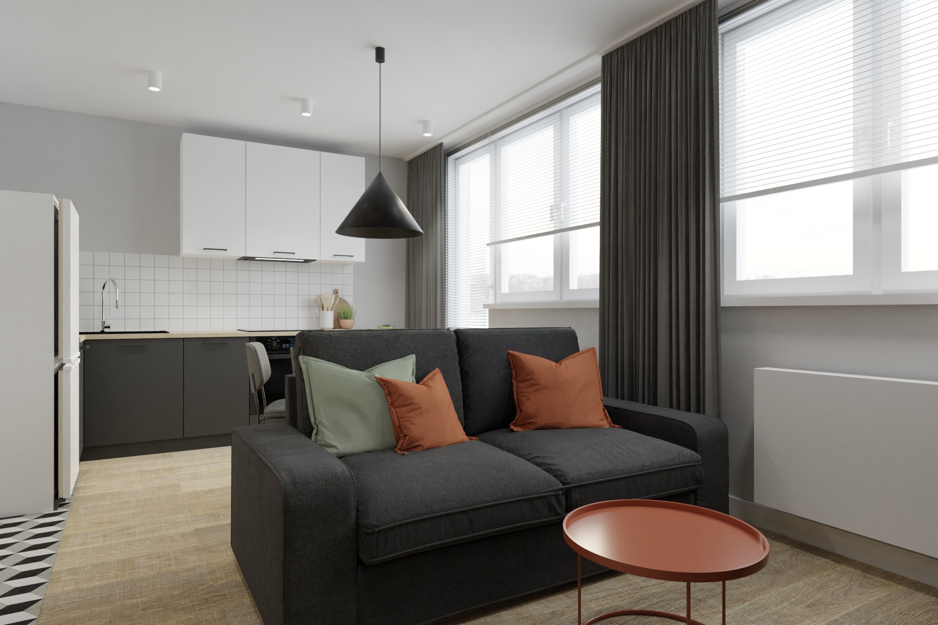 Projekt kawalerki na wynajem Dzięki niewielkim zmianom w układzie ścian udało się wydzielić miejsce do spania