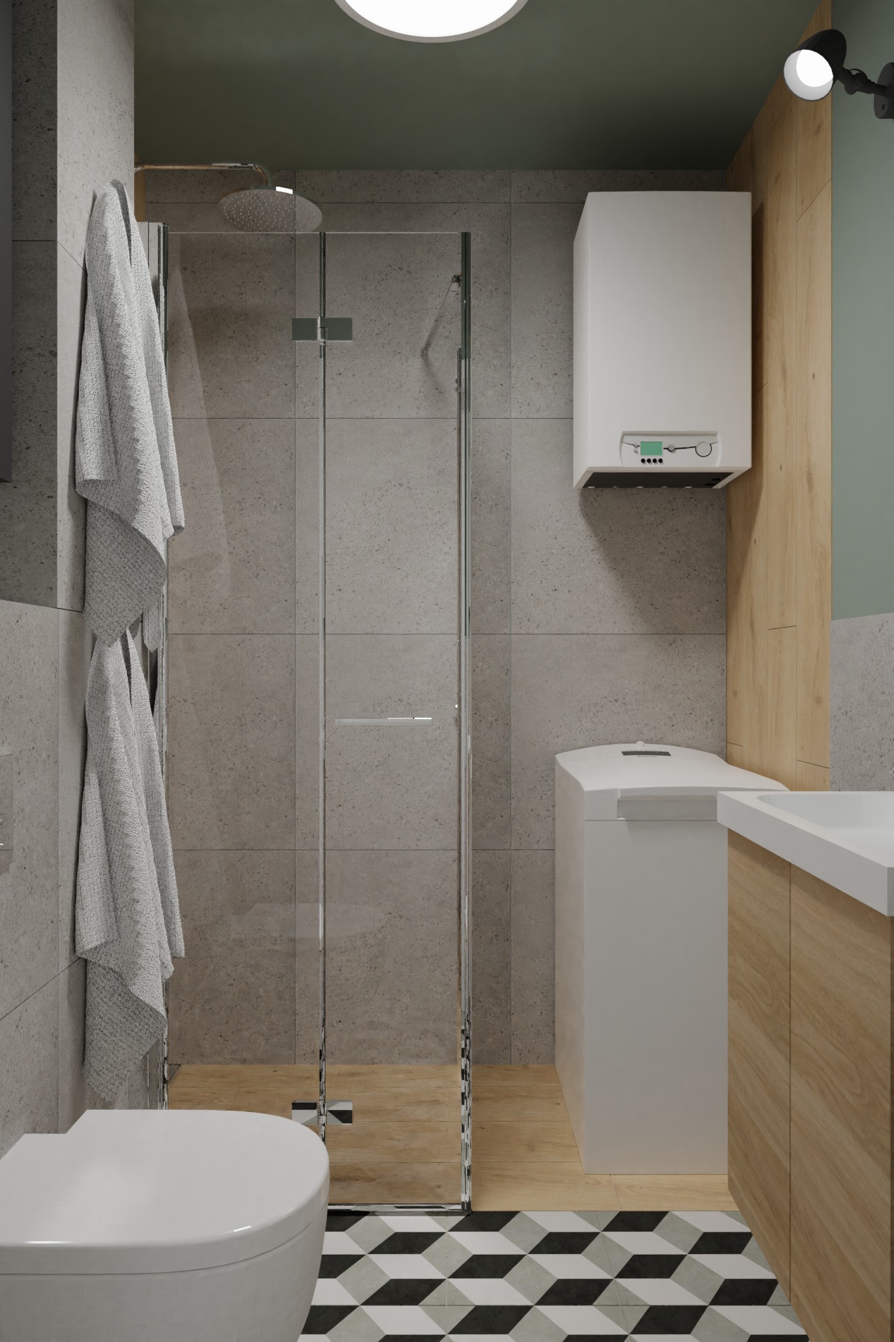 Nowoczesna łazienka z kabiną prysznicową typu walk-in, wiszącą toaletą, umywalką z szafką z drewnianymi frontami, grzejnikiem oraz geometryczną podłogą w czarno-białe romby.