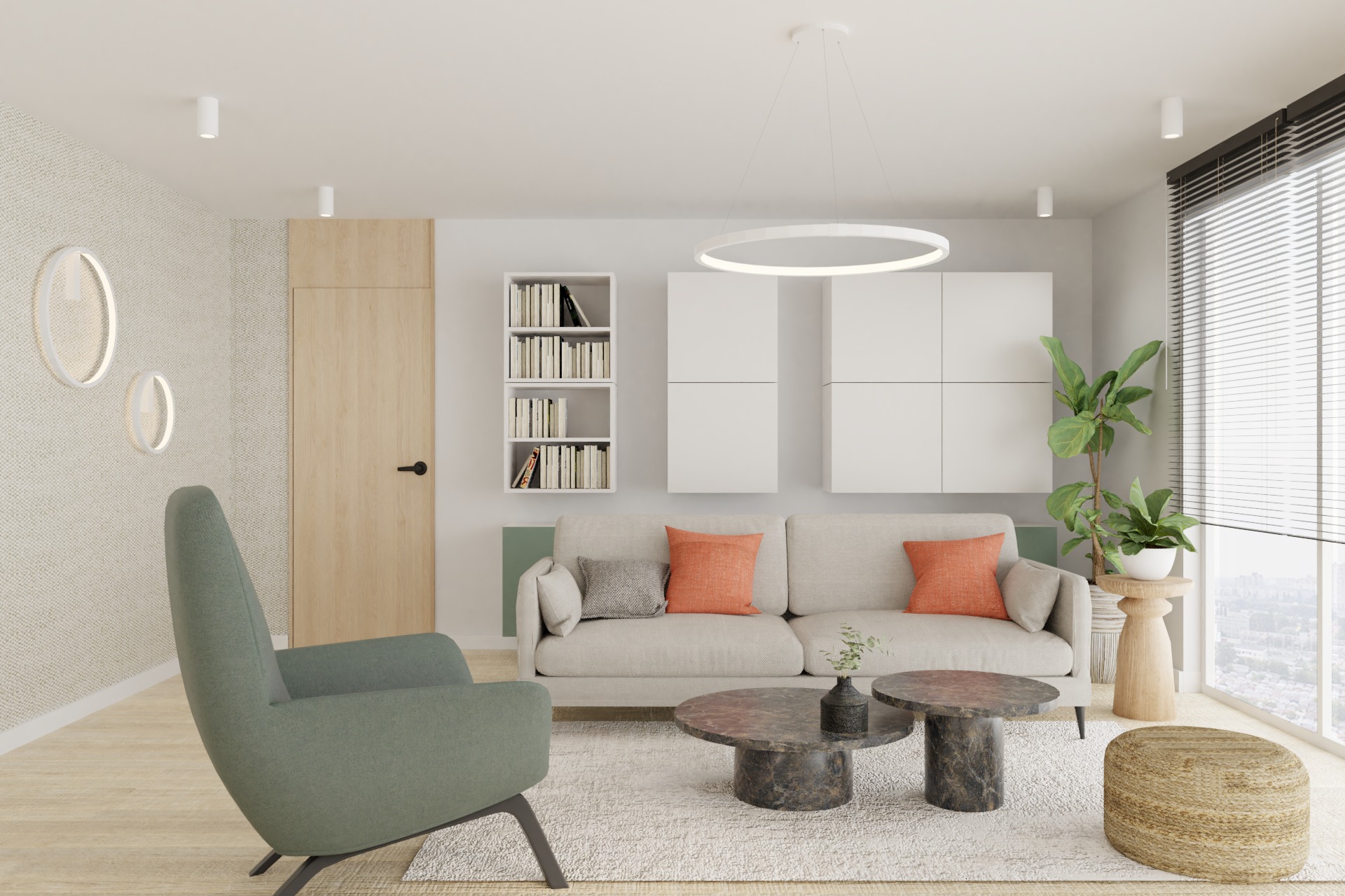Jasne wnętrze salonu z beżową sofą, pomarańczowymi poduszkami, marmurowymi stolikami kawowymi i zielonym fotelem na tle białych szafek i okrągłej lampy sufitowej.