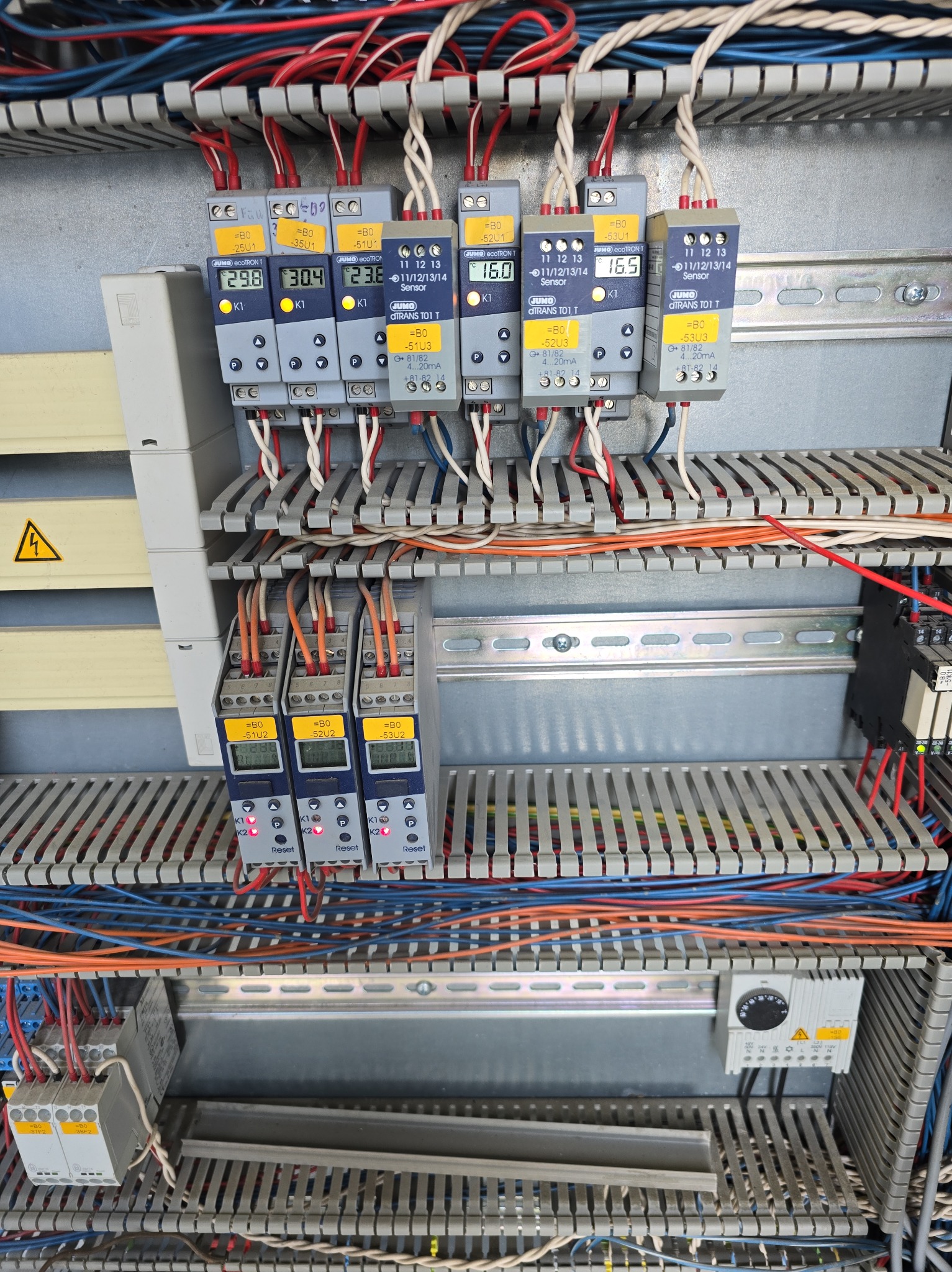 Panel sterowania z przewodami i modułami JUMO ecoTRON T, diTRANS T01 T. Widoczne oznaczenia i wyświetlacze z wartościami. Element instalacji elektrycznej w szarej obudowie.