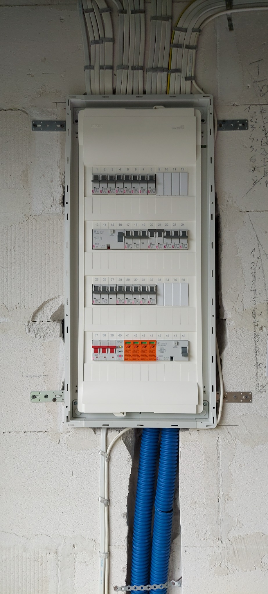 Rozdzielnica elektryczna z zabezpieczeniami różnicowoprądowymi i nadprądowymi, wraz z doprowadzonymi przewodami w peszlach, zamontowana na surowej ścianie w Kartuzach.