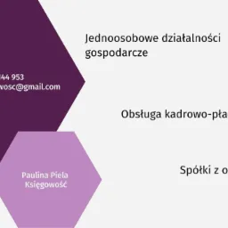 Grafika reklamowa biura księgowego Paulina Piela, oferującego obsługę jednoosobowych działalności gospodarczych, spółek z o.o. oraz obsługę kadrowo-płacową, z podanym numerem telefonu i adresem...