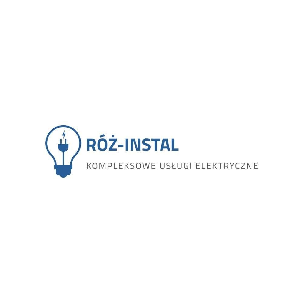 Niebieskie logo firmy RÓŻ-INSTAL z ikoną żarówki i napisem 'KOMPLEKSOWE USŁUGI ELEKTRYCZNE' na białym tle.