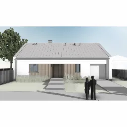 Wizualizacja parterowego domu jednorodzinnego z garażem, szara blacha na dachu, biała elewacja z drewnianymi panelami, dwie sylwetki ludzi na podjeździe.