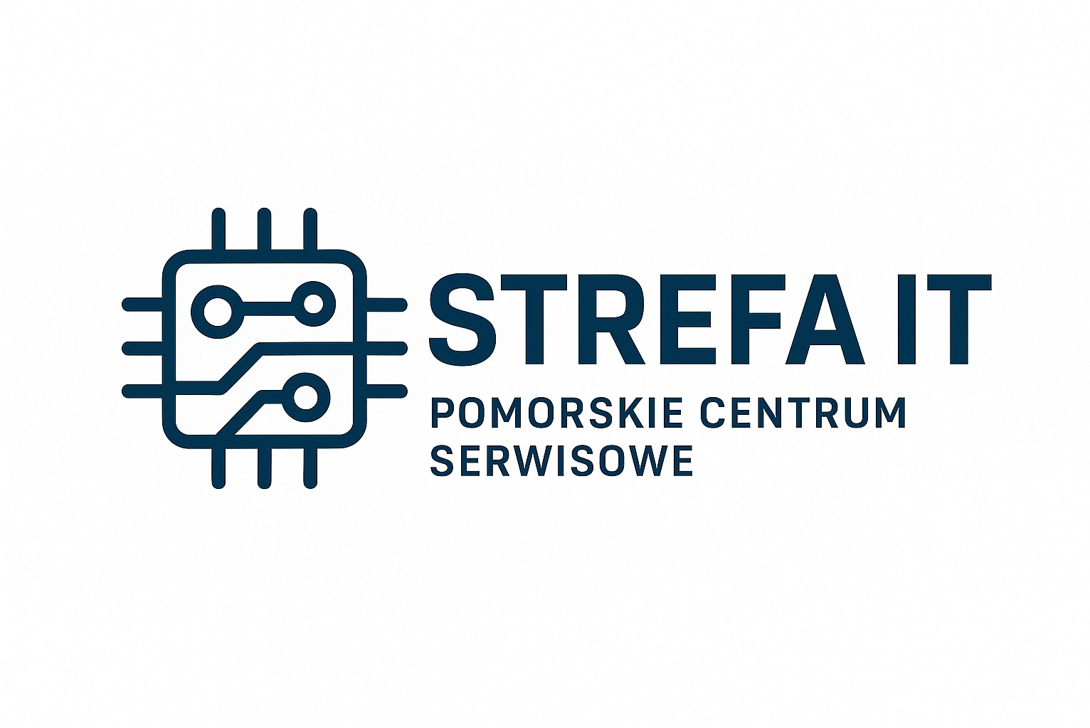 Logo 'Strefa IT Pomorskie Centrum Serwisowe' z symbolem układu scalonego w odcieniach granatu na białym tle. Minimalistyczny design, czytelny font.