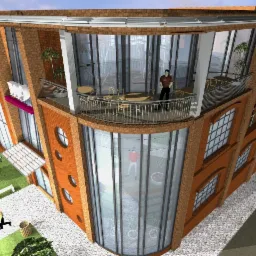 Wizualizacja budynku usługowego z cegły w Żukowie, z zaokrąglonym narożnikiem i balkonem, widok z góry na otoczenie z chodnikiem, zielenią i zaparkowanymi samochodami.