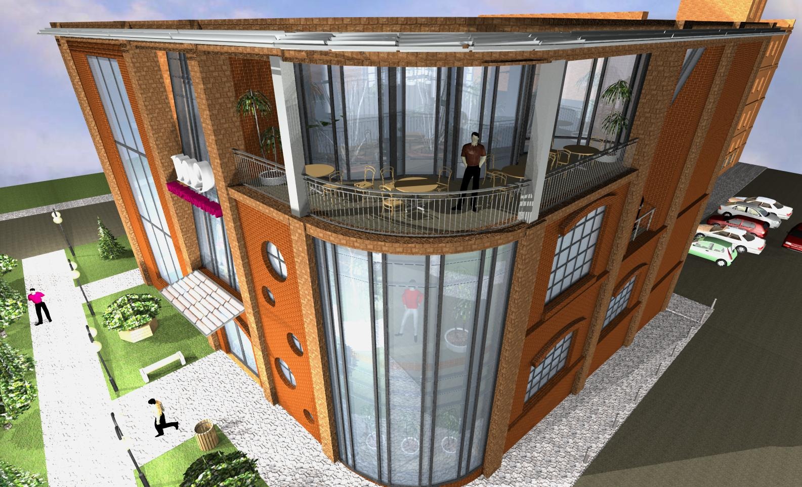 Wizualizacja budynku usługowego z cegły w Żukowie, z zaokrąglonym narożnikiem i balkonem, widok z góry na otoczenie z chodnikiem, zielenią i zaparkowanymi samochodami.