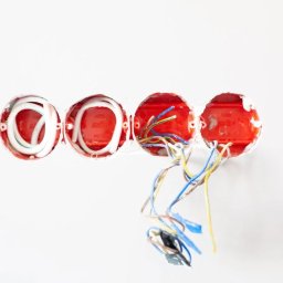 HR-MONT Service - Cztery czerwone puszki instalacyjne w białej ścianie, dwie z nich z białymi przewodami w środku, a dwie z kolorowymi przewodami wystającymi na zewnątrz.