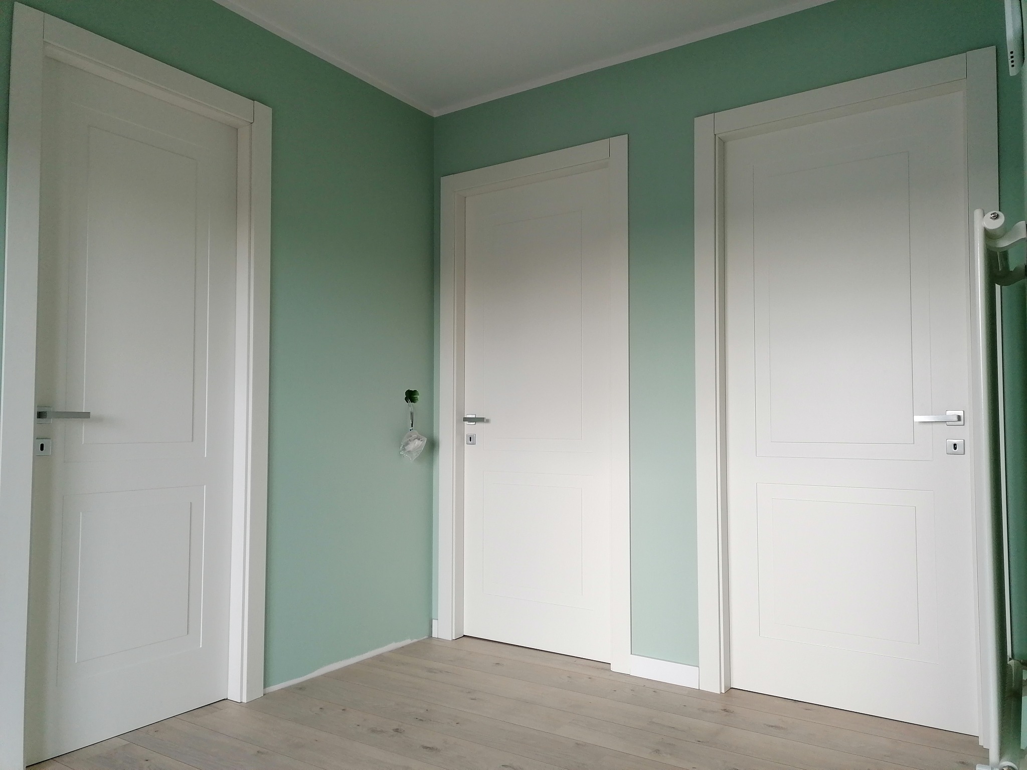 Trzy białe, panelowe drzwi wewnętrzne z srebrnymi klamkami na tle miętowej ściany i jasnej drewnianej podłogi. Instalacja elektryczna wystaje ze ściany obok środkowych drzwi.