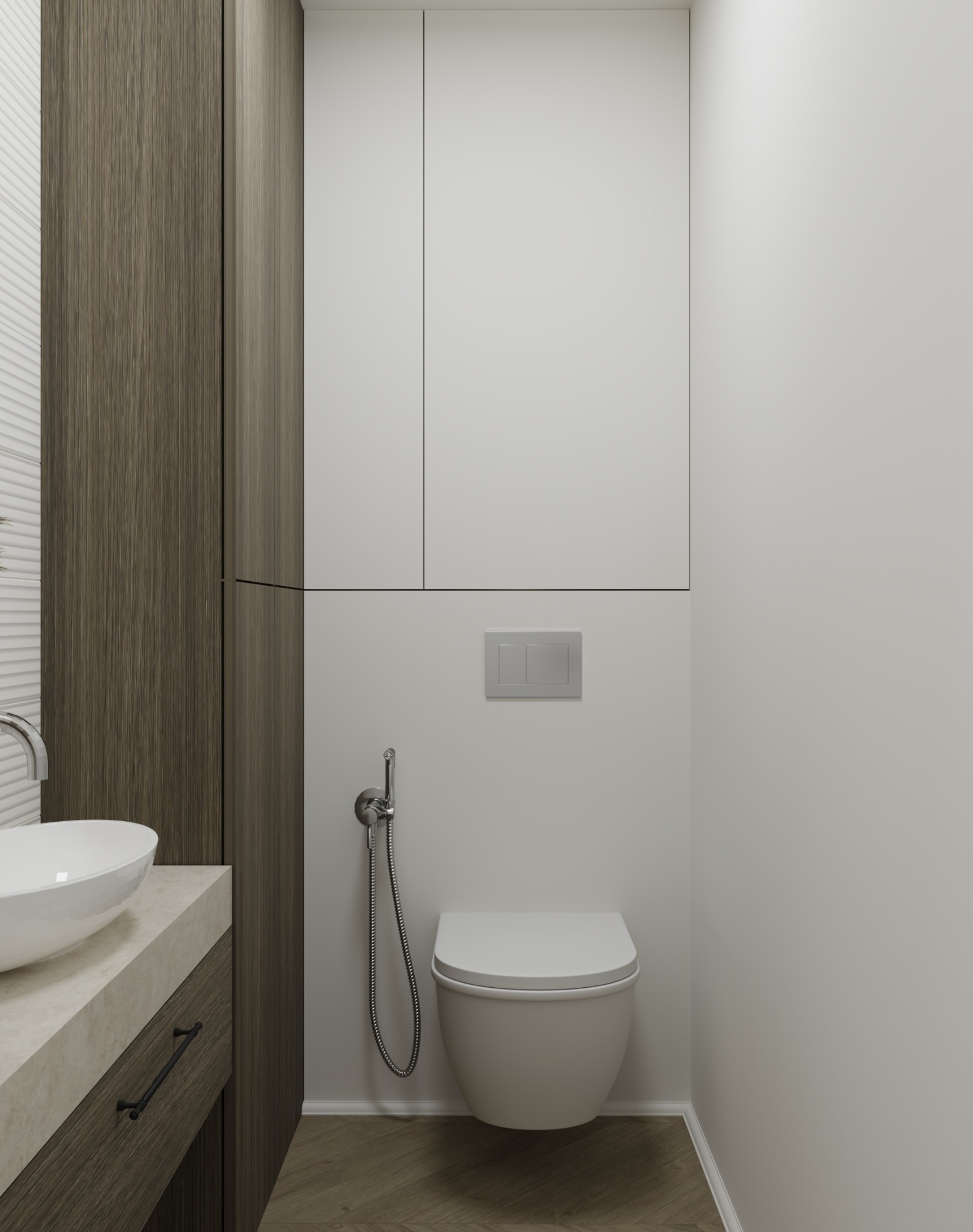 Nowoczesna łazienka z wiszącą toaletą, bidetką, umywalką nablatową i szafkami z drewna oraz białymi frontami.