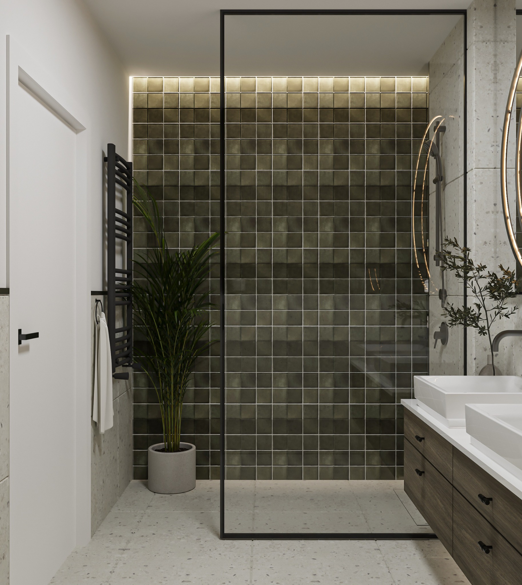 Nowoczesna łazienka z ciemnozielonymi płytkami w strefie prysznica, szklaną kabiną walk-in, podwójną umywalką nablatową na drewnianej szafce, okrągłymi lustrami z podświetleniem, czarnym...