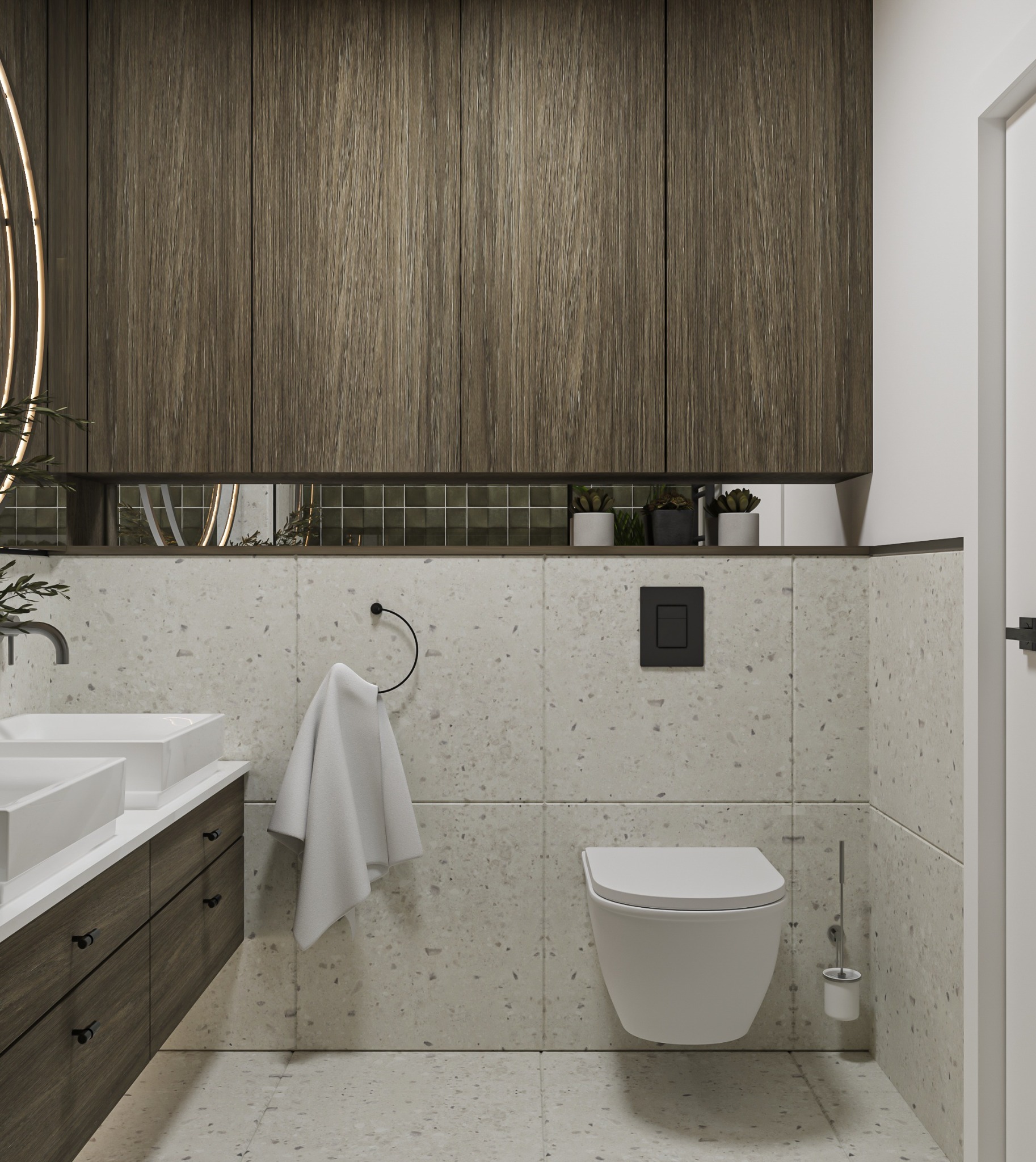 Nowoczesna łazienka z podwójną umywalką, szafkami z drewnianymi frontami, wiszącą toaletą i ścianami wykończonymi płytkami imitującymi lastryko.