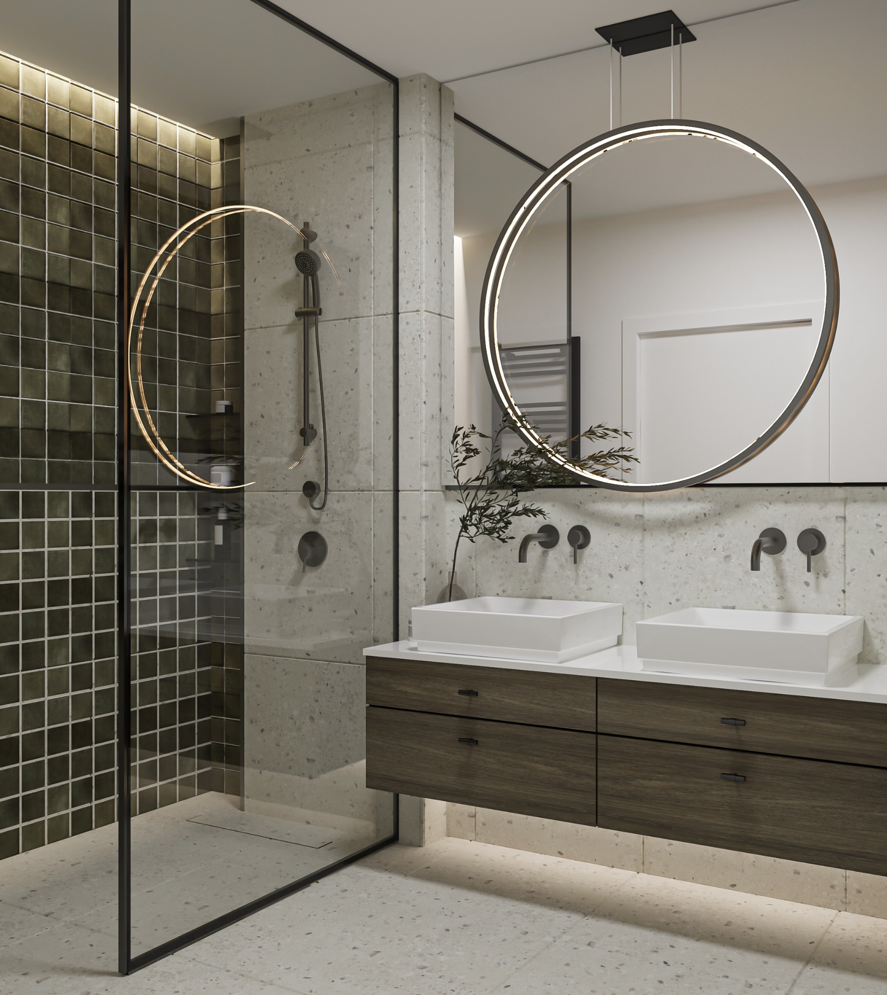 Nowoczesna łazienka z kabiną prysznicową typu walk-in, podwójną umywalką nablatową, okrągłym lustrem z podświetleniem LED i ciemnymi, kwadratowymi płytkami w strefie prysznica.