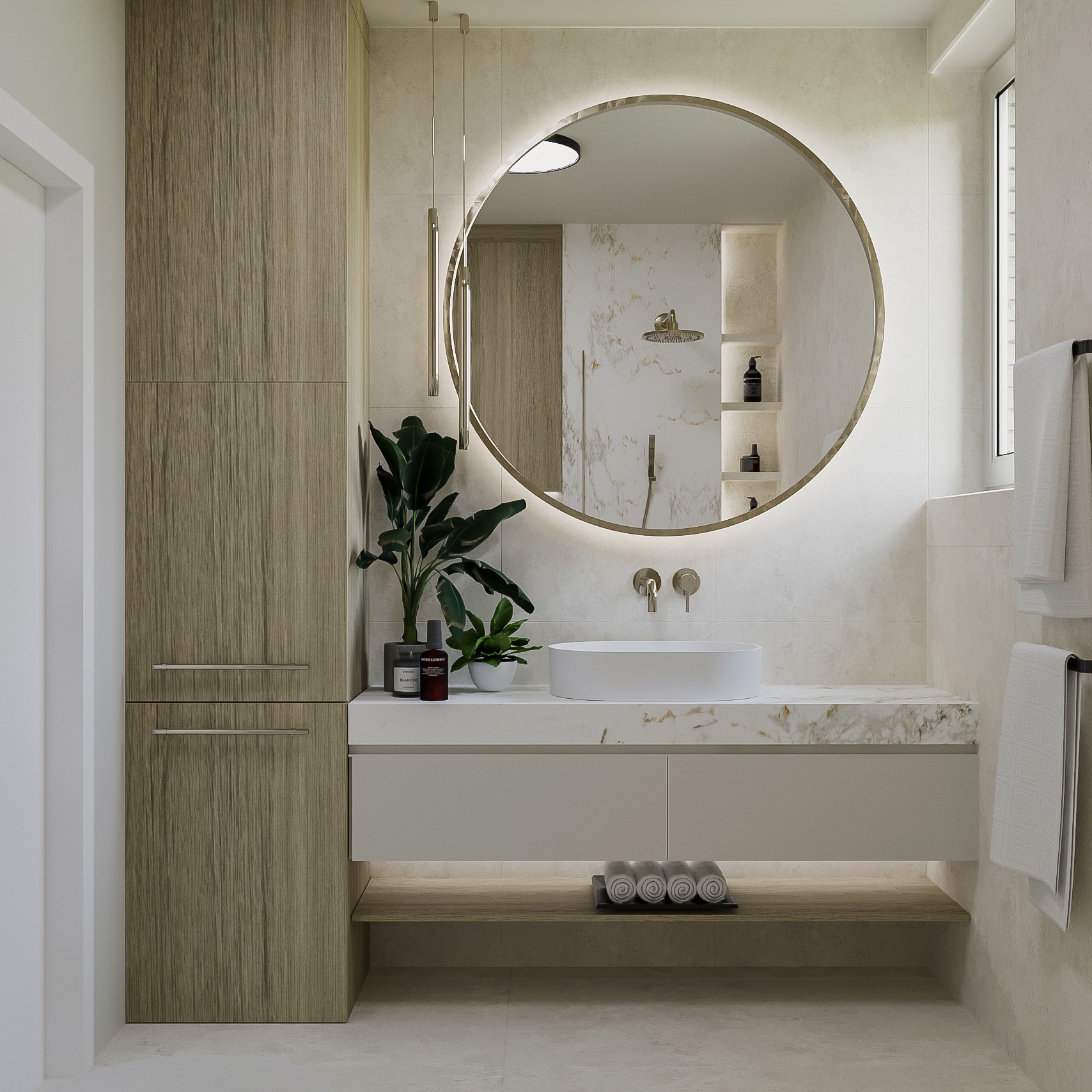 Nowoczesna łazienka z okrągłym lustrem podświetlanym LED, białą umywalką nablatową, blatem z marmuru, drewnianą szafką i roślinami doniczkowymi.