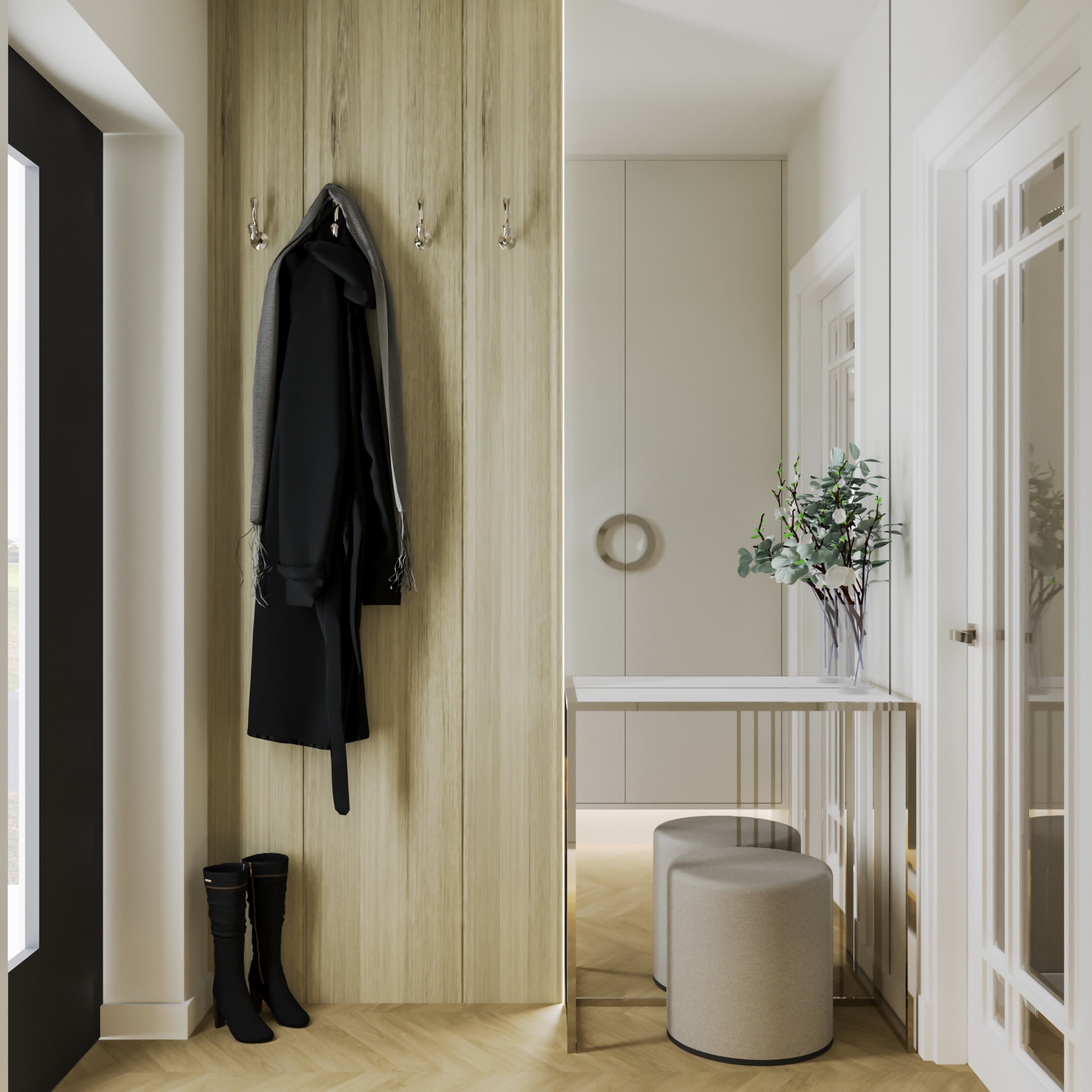 Elegancki przedpokój w neutralnych barwach z drewnianą szafą, lustrzanym panelem, pufami i dekoracyjną rośliną w wazonie.