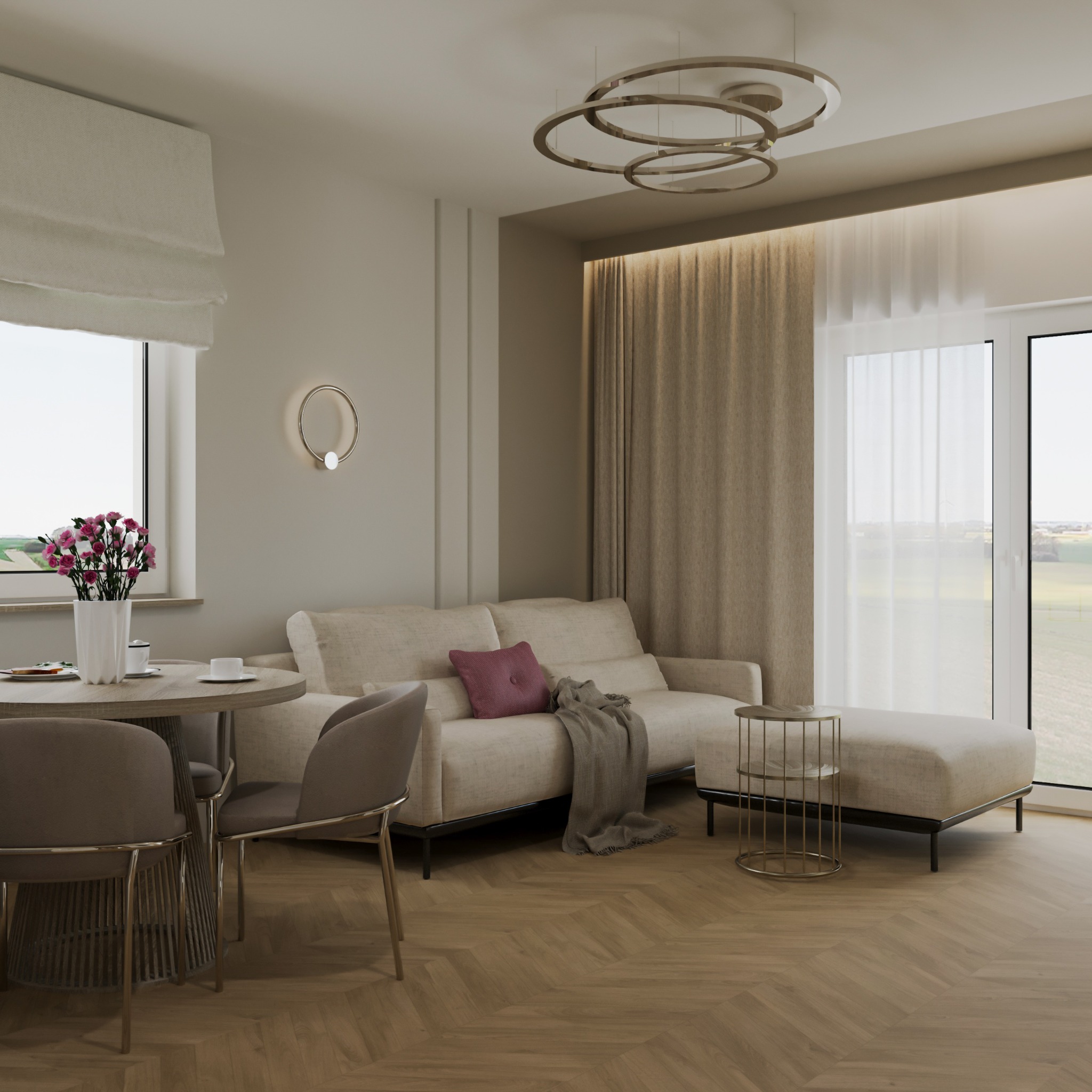 Jasny salon z parkietem w jodełkę, beżową sofą z bordową poduszką, okrągłym stołem z kwiatami i krzesłami oraz nowoczesną lampą sufitową.