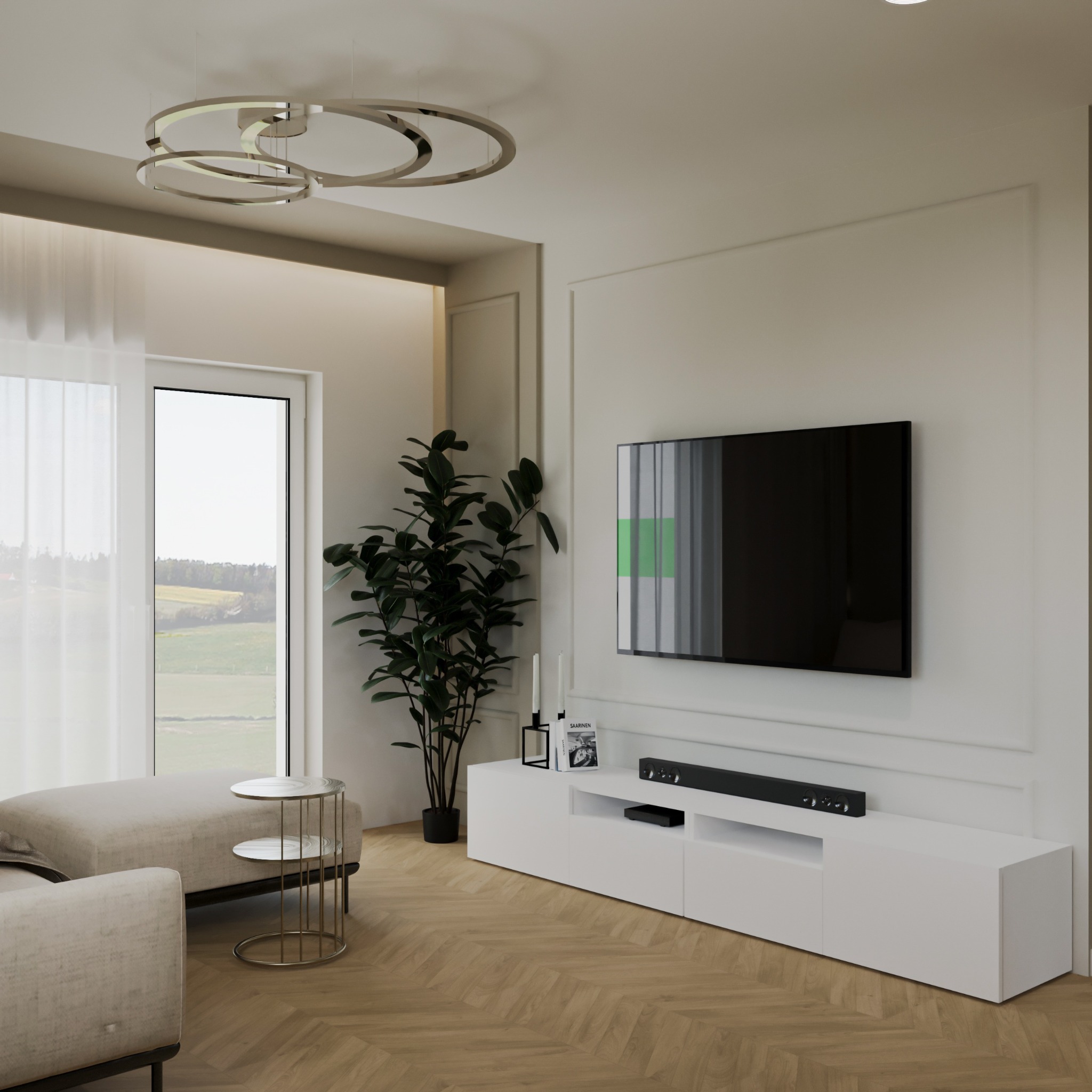 Jasne wnętrze salonu z parkietem w jodełkę, białą szafką RTV, telewizorem, rośliną doniczkową i widokiem na krajobraz za oknem.