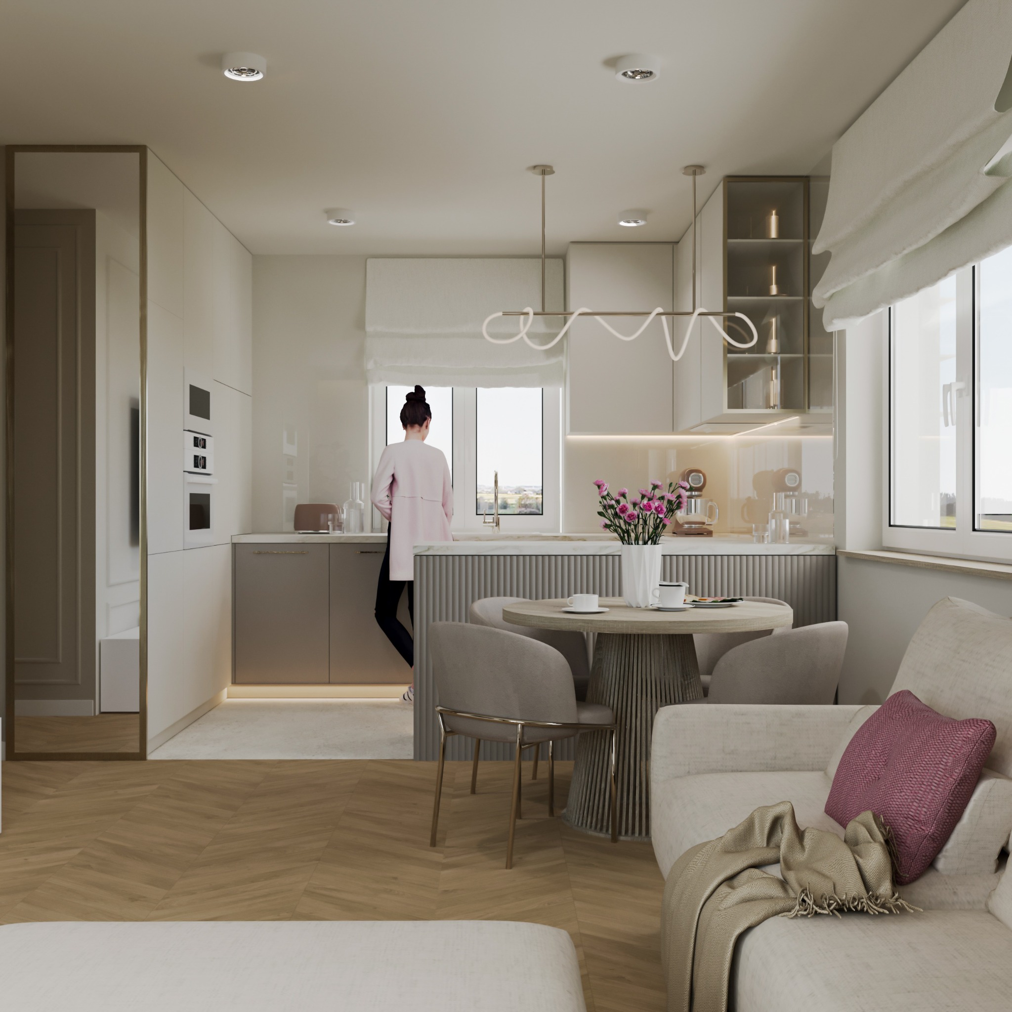 Wnętrze mieszkania z otwartą kuchnią, okrągłym stołem jadalnym z bukietem różowych kwiatów, i sofą z poduszką w kolorze fuksji, kobieta w różowym płaszczu stoi przy zlewie i patrzy przez okno.