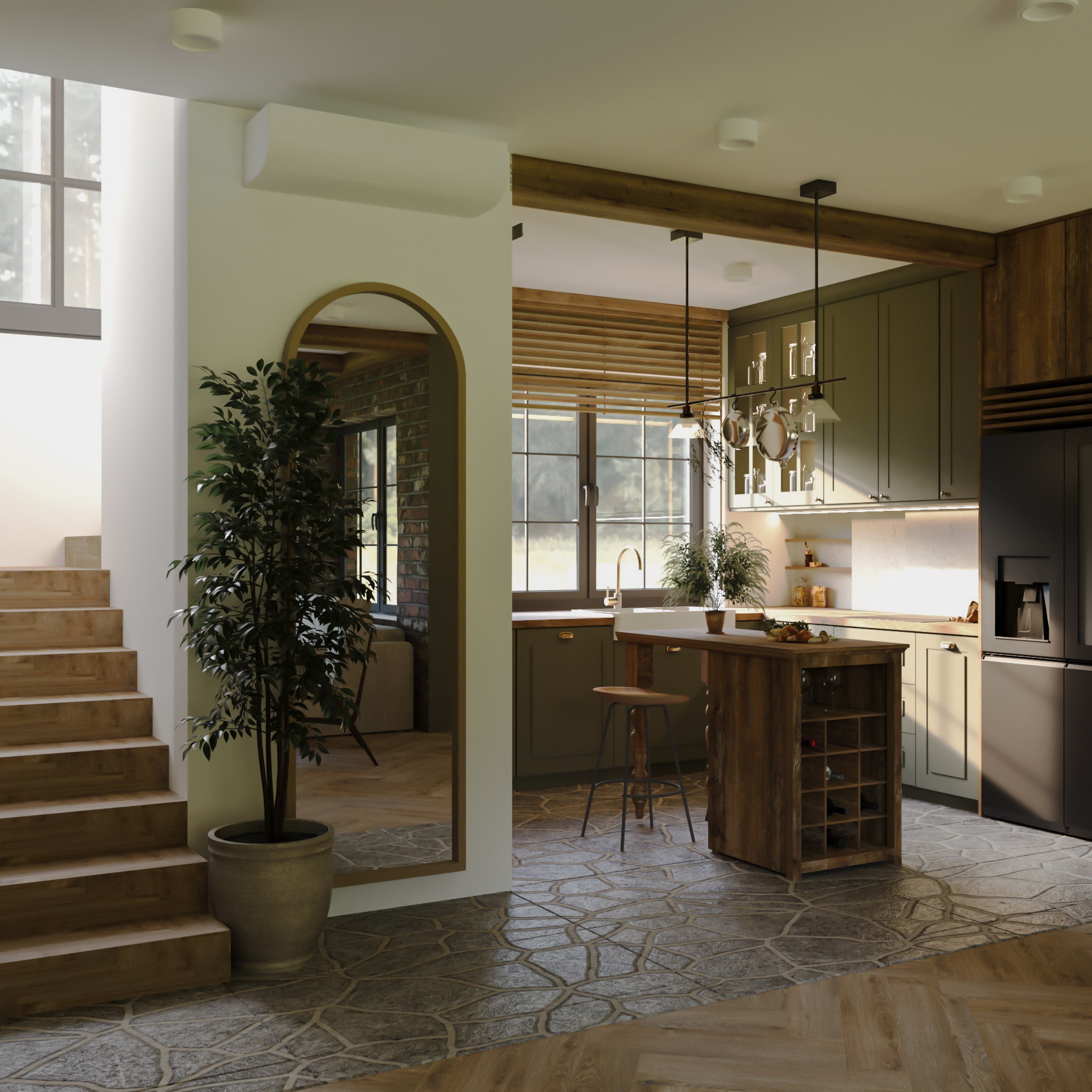 Otwarta kuchnia z wyspą, drewnianymi akcentami i roślinami doniczkowymi, widok na schody i lustro łukowe.