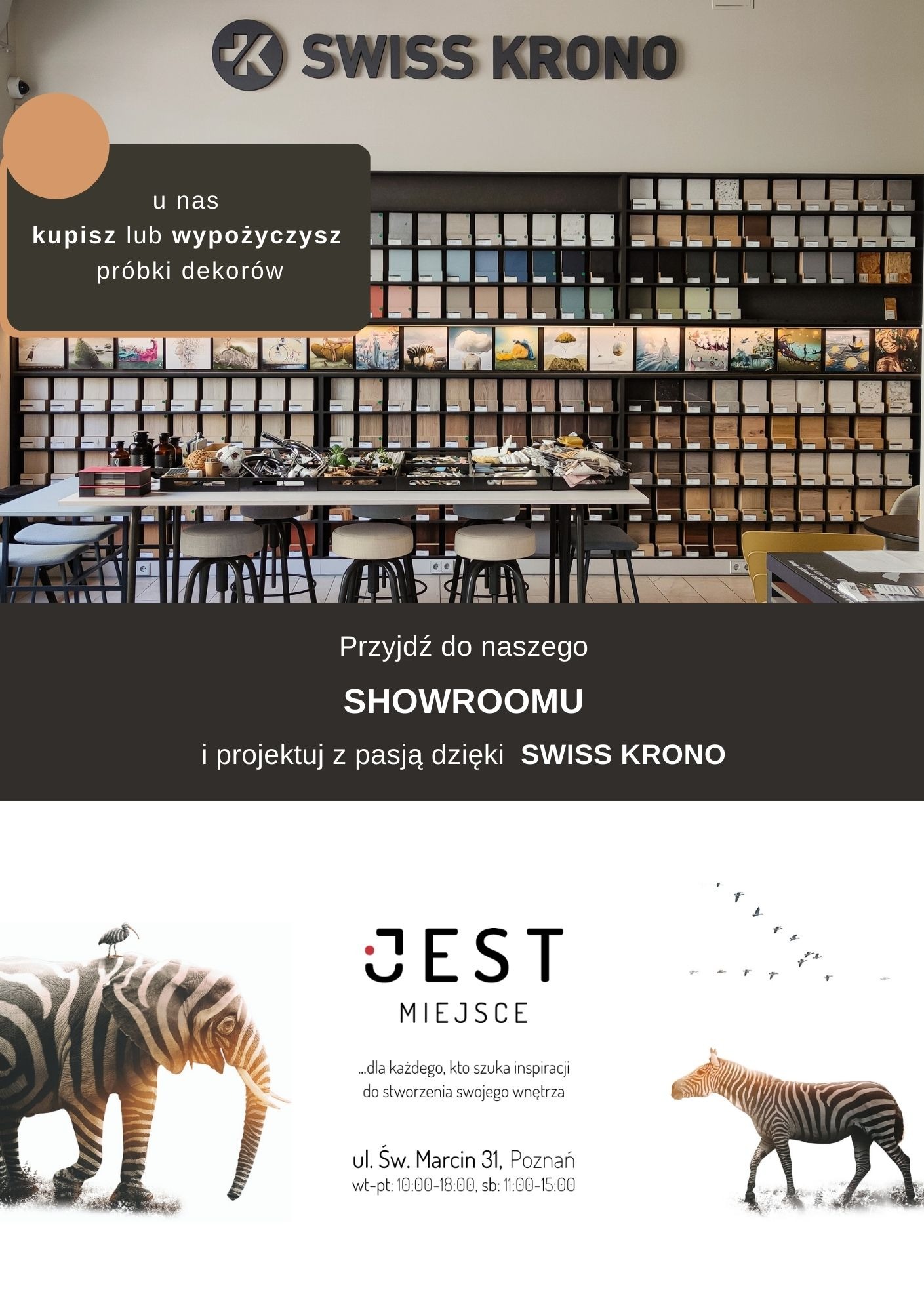 Showroom Swiss Krono z ekspozycją próbek dekorów, stołem i krzesłami dla klientów.