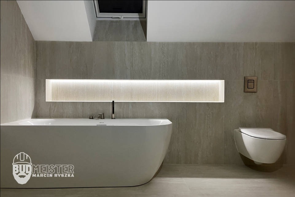 Elegancka łazienka z wanną wolnostojącą, podświetlaną wnęką i podwieszaną toaletą. Płytki imitujące kamień tworzą spójną, minimalistyczną przestrzeń.