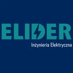 Logo firmy ELIDER Inżynieria Elektryczna z symbolem błyskawicy wkomponowanym w nazwę, na granatowym tle.