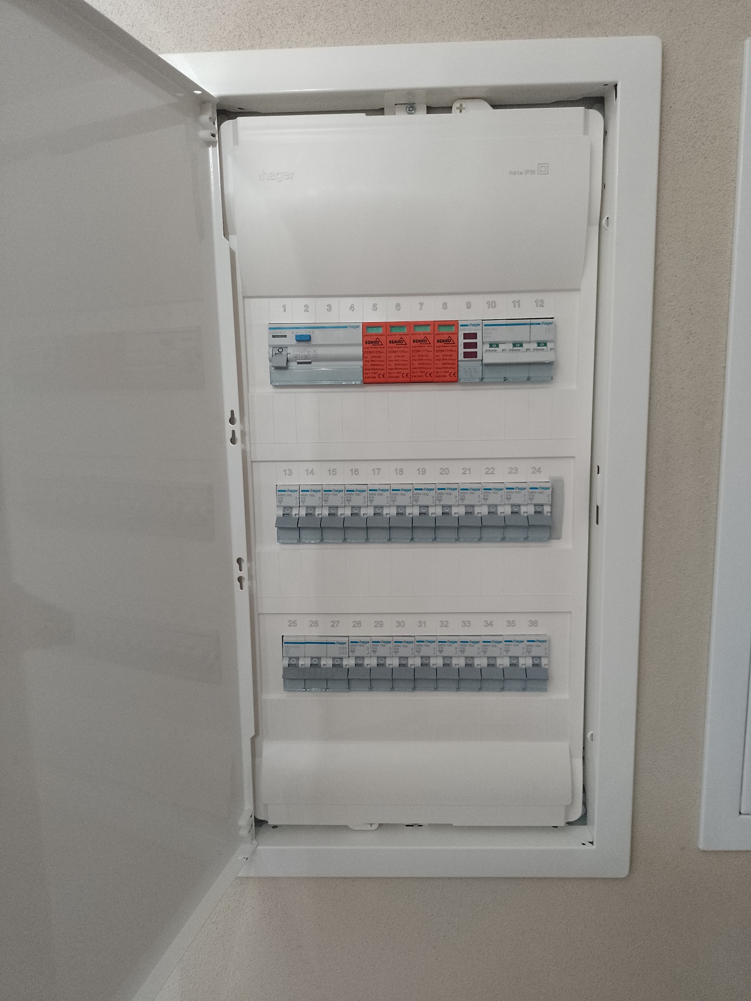 Otwarta, biała skrzynka elektryczna Hager z bezpiecznikami i wyłącznikami, zamontowana na ścianie, widok z przodu.