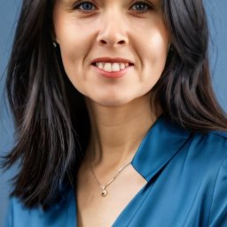 KANCELARIA RADCY PRAWNEGO AGNIESZKA CABAN - Portret uśmiechniętej kobiety o niebieskich oczach i ciemnych włosach, ubrana w błękitną koszulę z delikatną srebrną biżuterią na tle jednolitego, błękitnego tła.