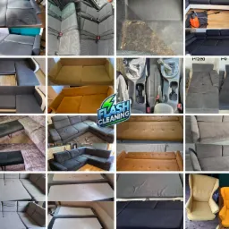 Kolaż zdjęć: kanapy, fotele i wnętrze auta przed i po czyszczeniu. Widoczne plamy i zabrudzenia usunięte. Logo firmy czyszczącej. Różne kąty i zbliżenia.