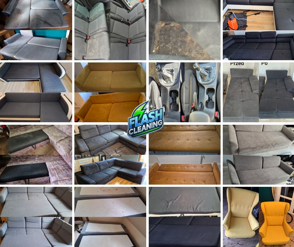 Kolaż zdjęć: kanapy, fotele i wnętrze auta przed i po czyszczeniu. Widoczne plamy i zabrudzenia usunięte. Logo firmy czyszczącej. Różne kąty i zbliżenia.
