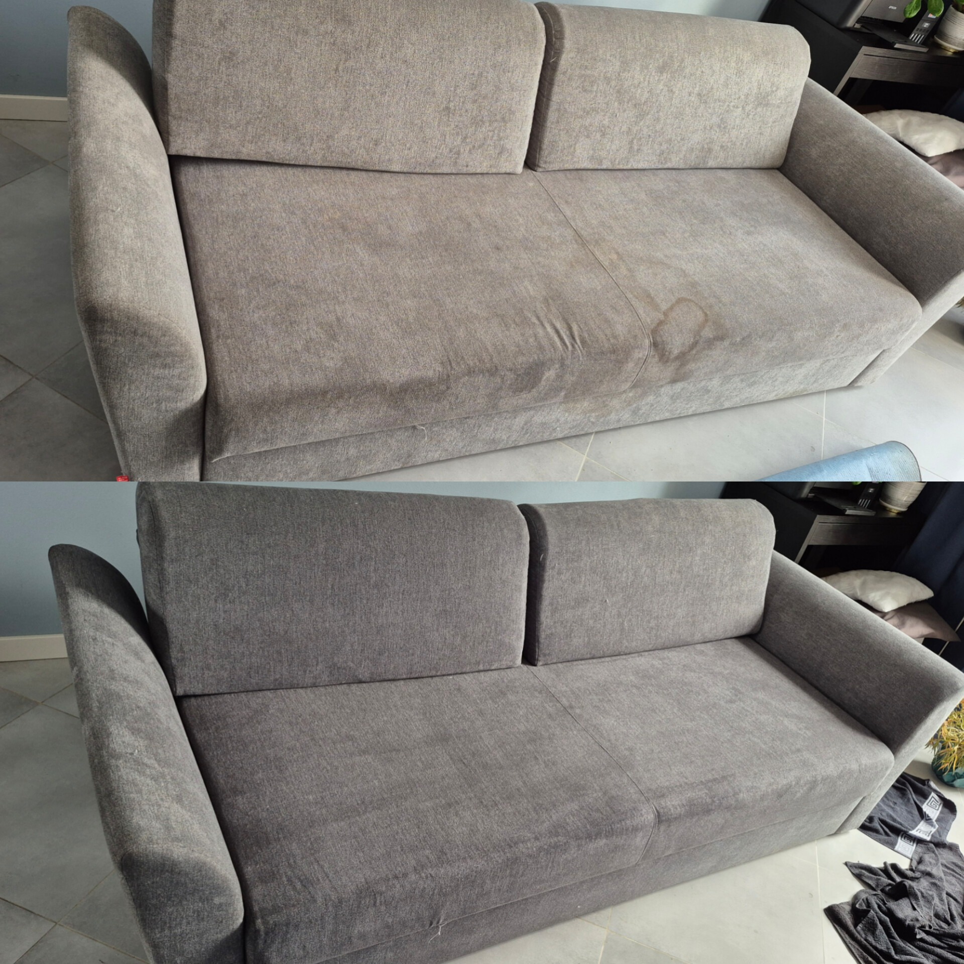 Zdjęcie 'przed i po' prania szarej, dwuosobowej kanapy z plamą na siedzisku. Dolna część pokazuje kanapę po czyszczeniu, bez plam.