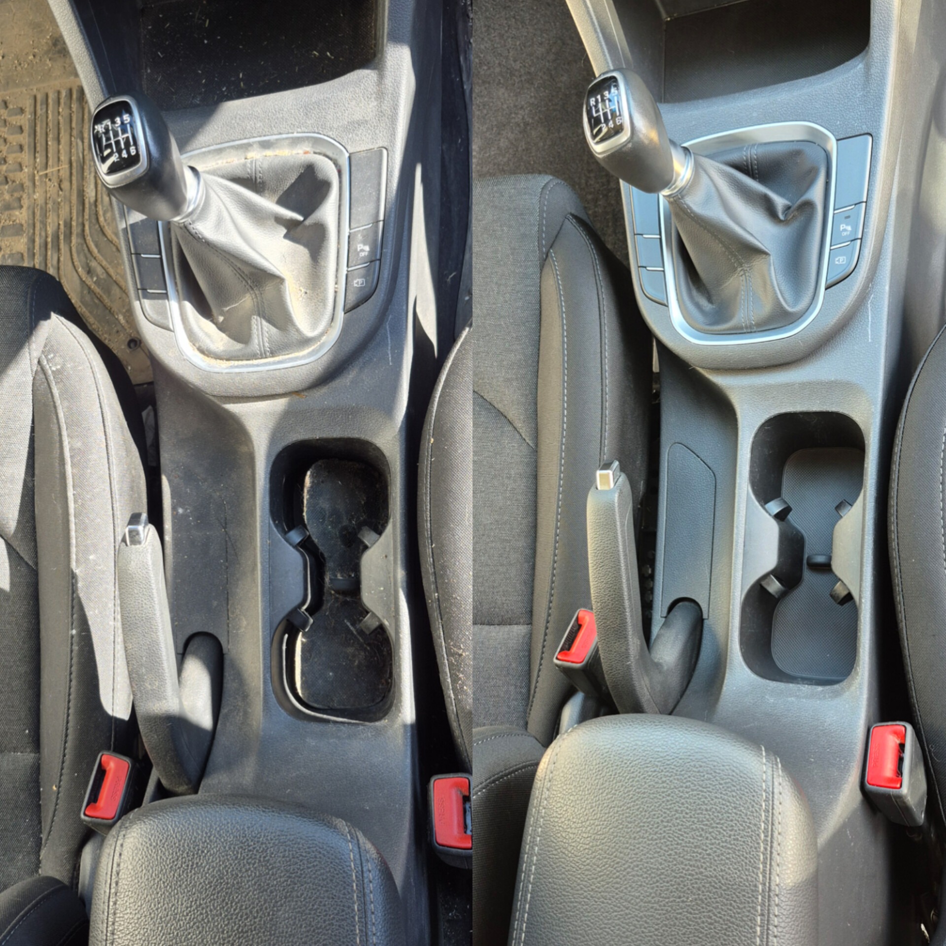 Auto po czyszczeniu wnętrza: widok na konsolę środkową przed i po. Skórzana tapicerka fotela kierowcy odświeżona, dźwignia zmiany biegów i uchwyty na napoje wyczyszczone.