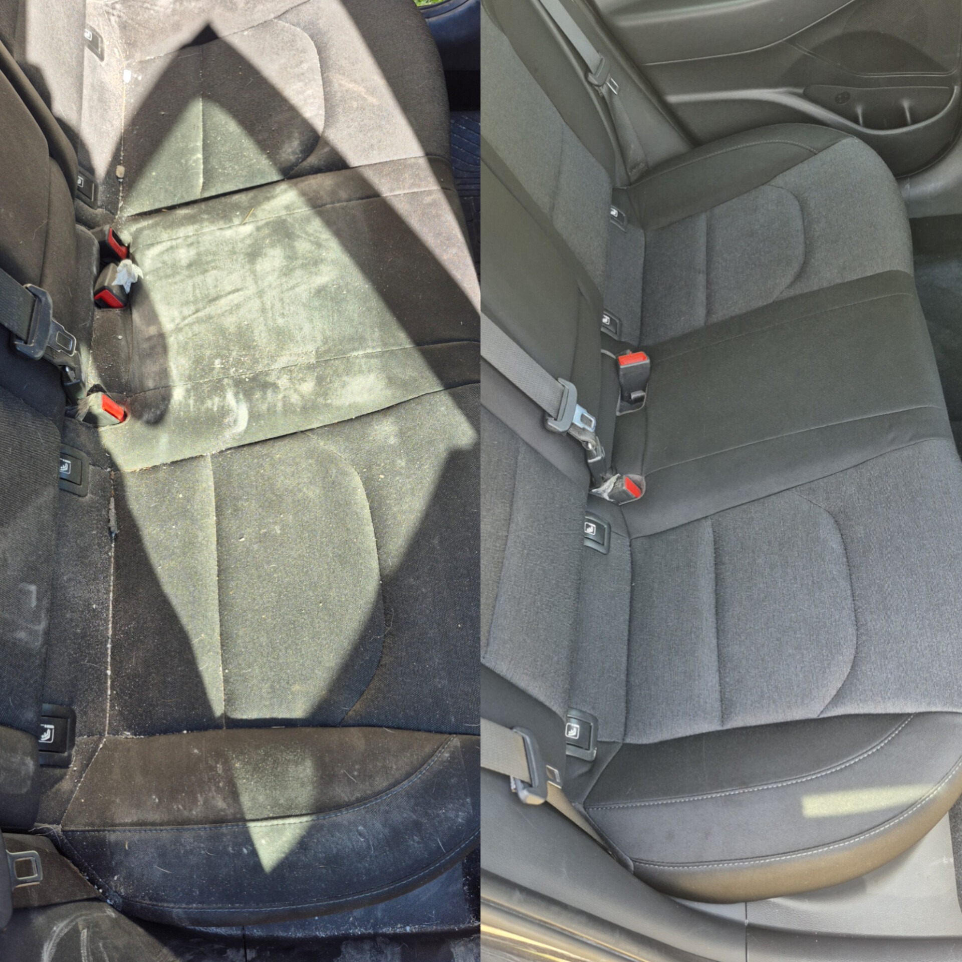 Tapicerka samochodowa tylnej kanapy: widok przed i po czyszczeniu. Lewa strona brudna, pokryta plamami i kurzem, a prawa - czysta, odświeżona, o jednolitym kolorze.