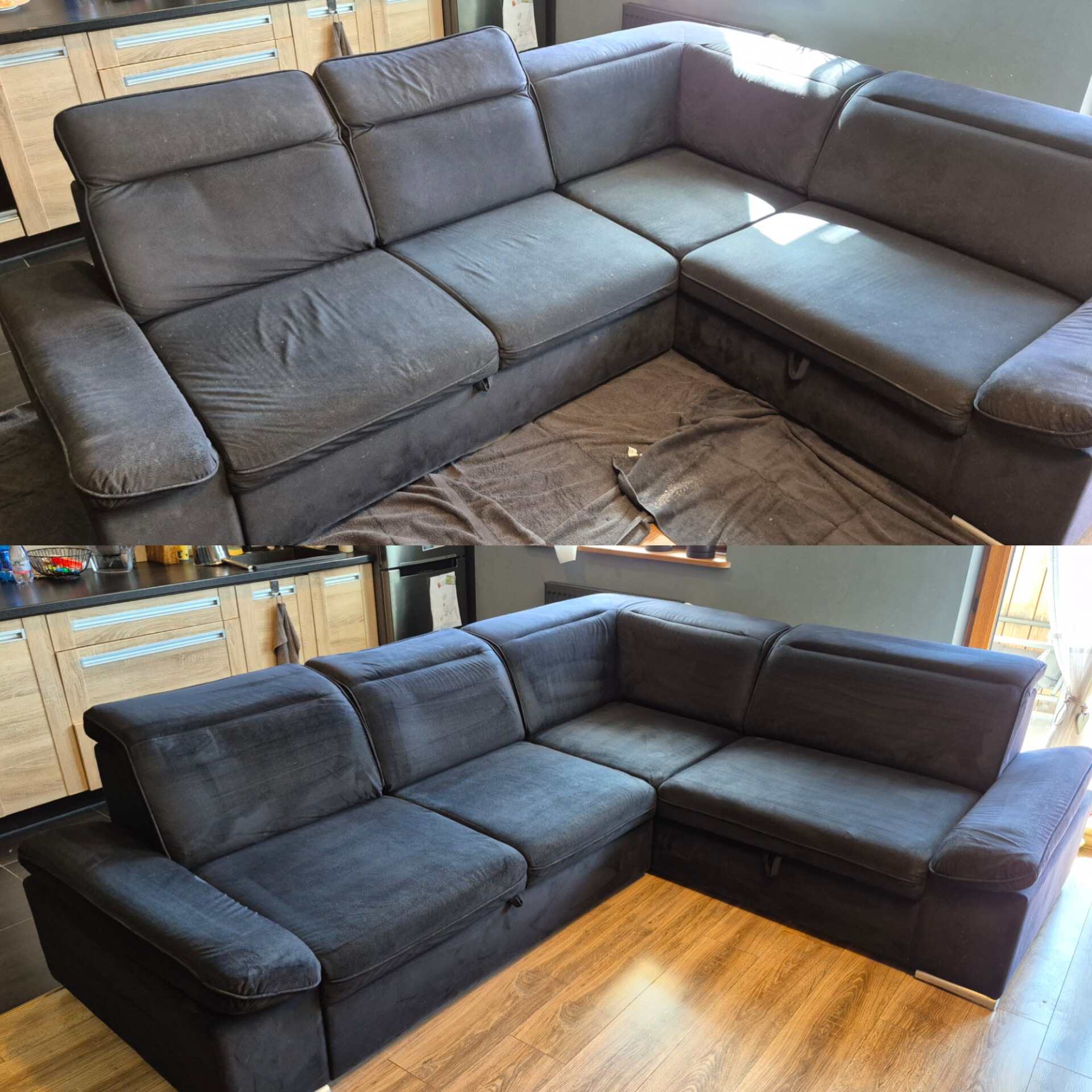 Zdjęcie 'przed i po' narożnika tapicerowanego w odcieniach szarości, ukazujące efekt czyszczenia. Widoczne różnice w kolorze i strukturze materiału.