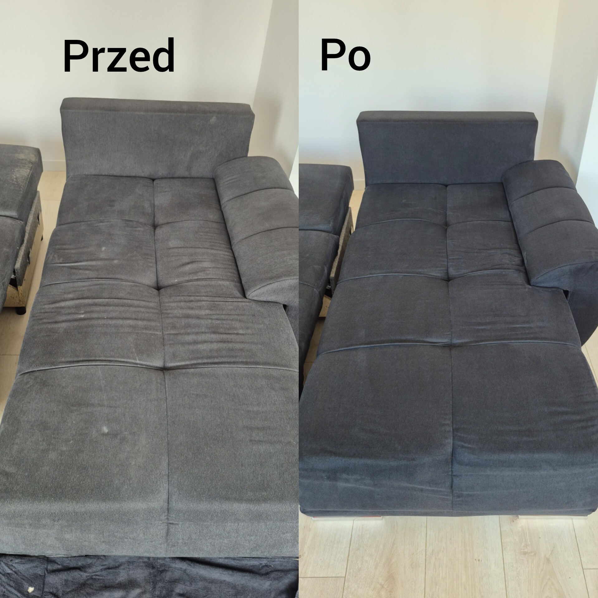 Szara sofa modułowa, widok z góry, w układzie 'przed' i 'po' czyszczeniu. Po lewej sofa z widocznymi plamami, po prawej czysta, jednolita kolorystycznie.