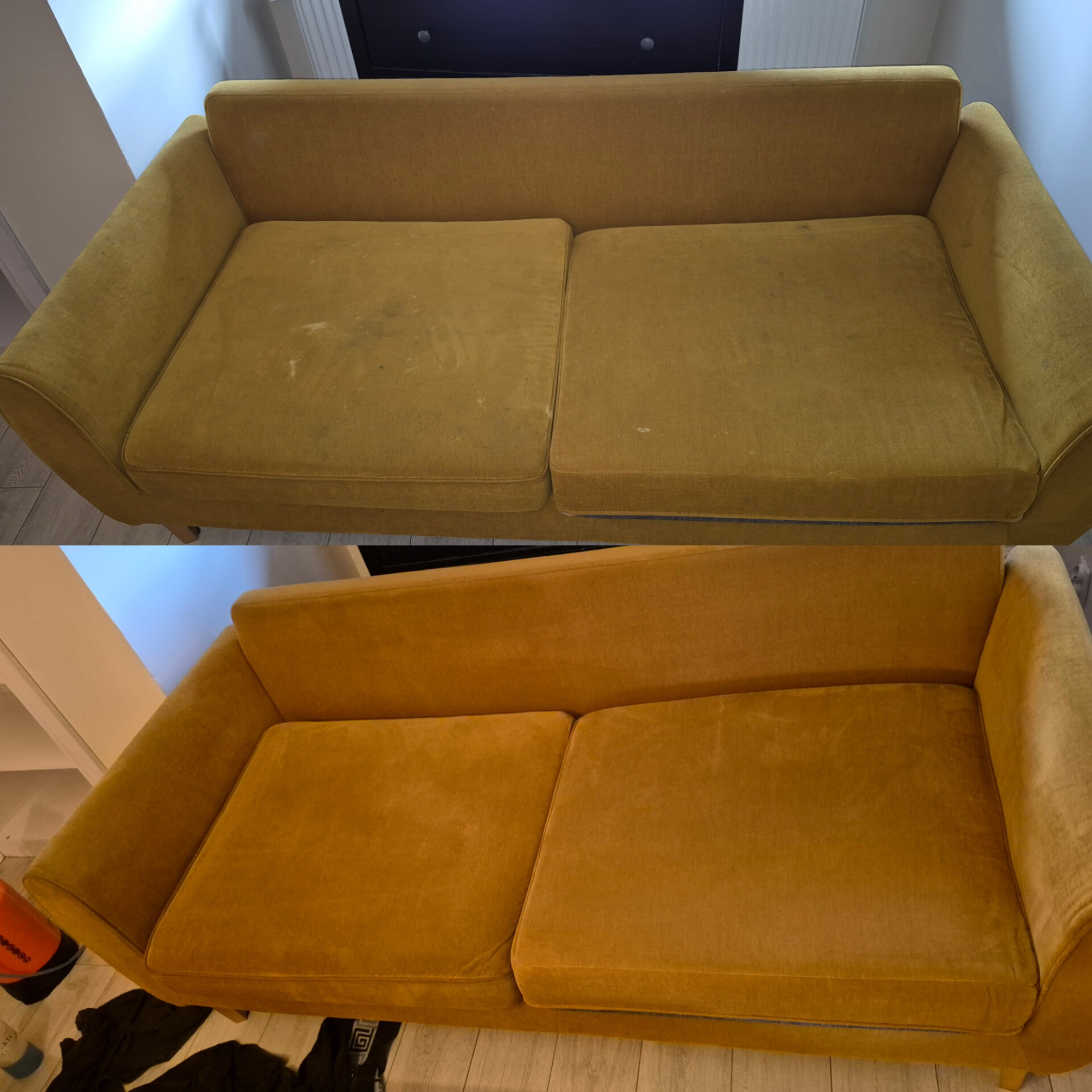Żółta kanapa dwuosobowa: góra z plamami, dół po czyszczeniu, ukazujący odświeżony kolor i brak zabrudzeń. Efekt prania tapicerki w domu klienta.