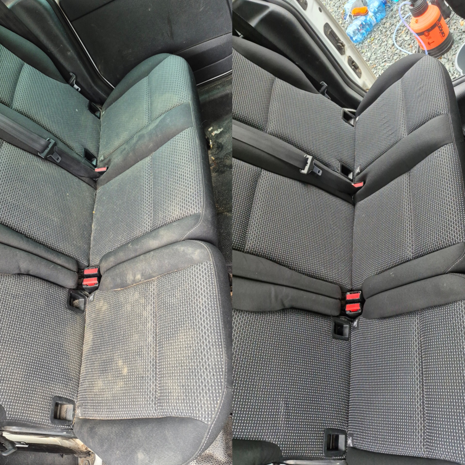 Tapicerka samochodowa po czyszczeniu: po lewej stronie widoczny brudny fotel, po prawej czysty, z wyraźnym wzorem. Efekt prania tapicerki.