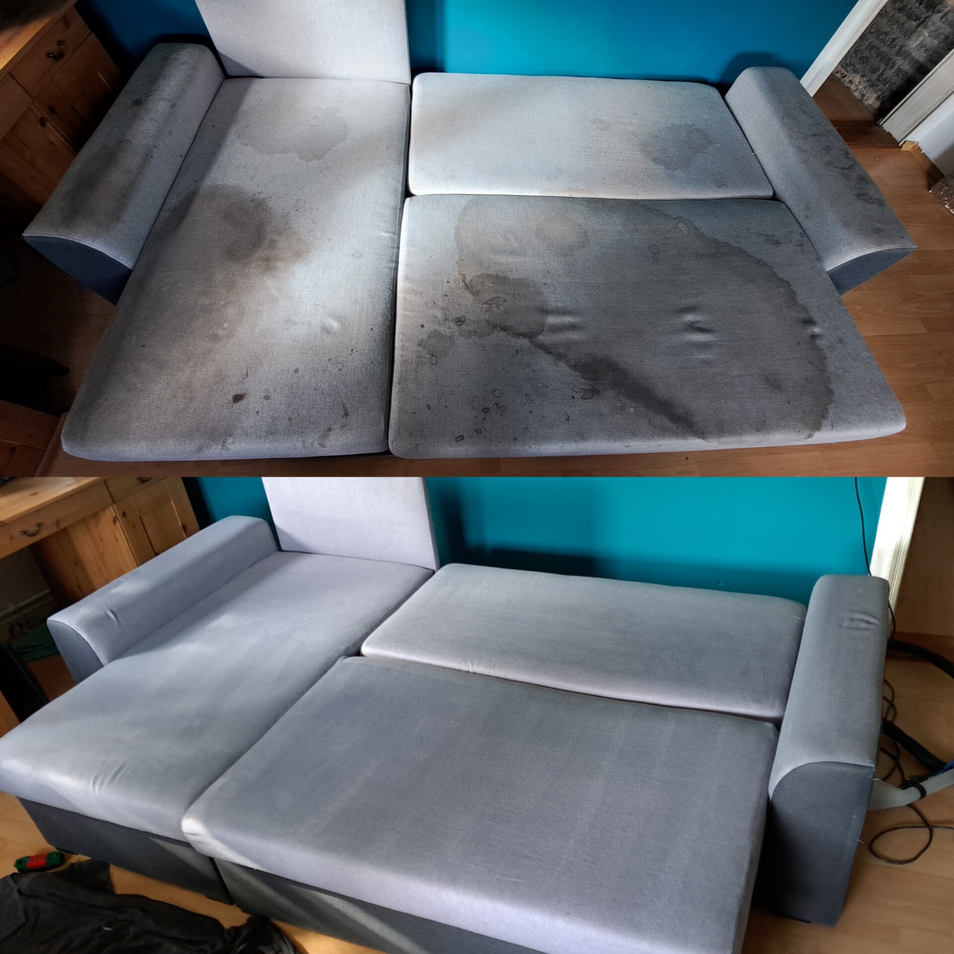 Kanapa modułowa w ujęciu przed i po praniu. Widoczne plamy i zabrudzenia na górnej połowie zdjęcia, a dolna połowa prezentuje czystą tapicerkę.