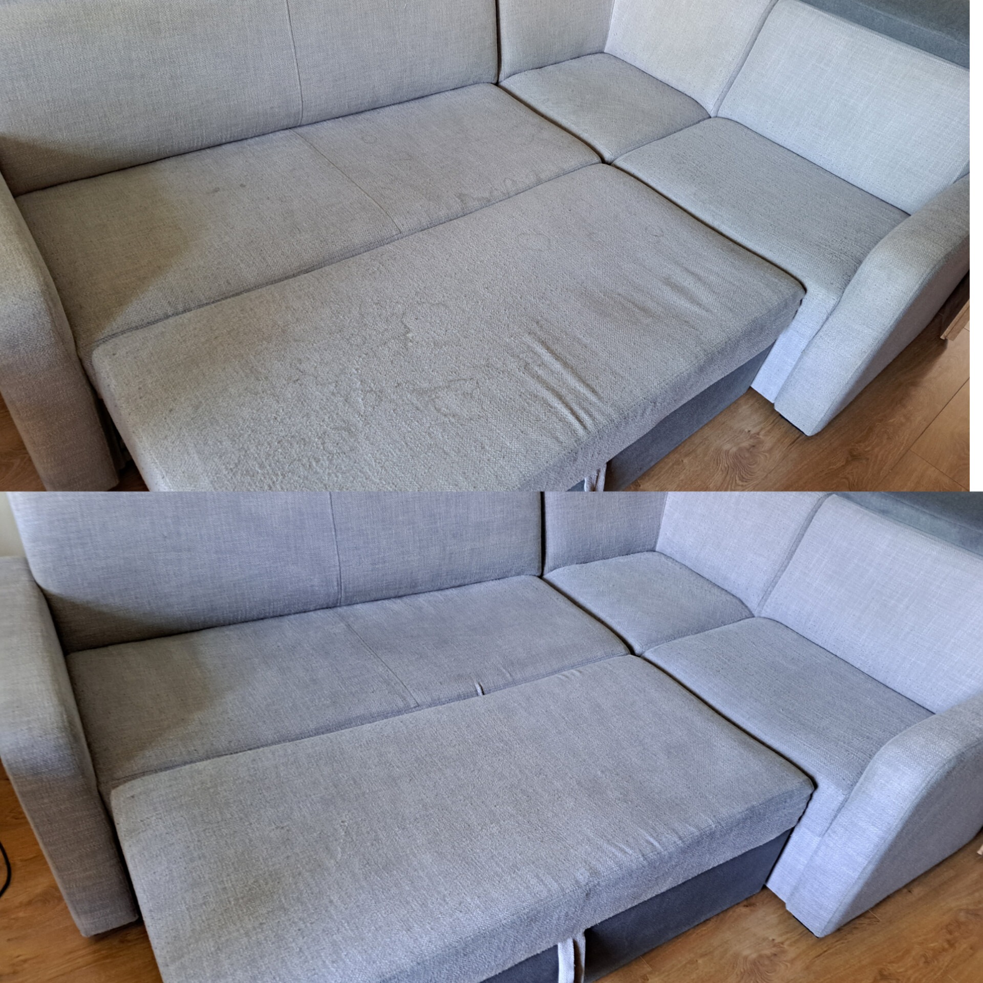 Szara rozkładana kanapa narożna: góra - zabrudzona, dół - po praniu, widoczne efekty czyszczenia tapicerki. Zdjęcie typu 'przed i po' prezentuje rezultat usługi.