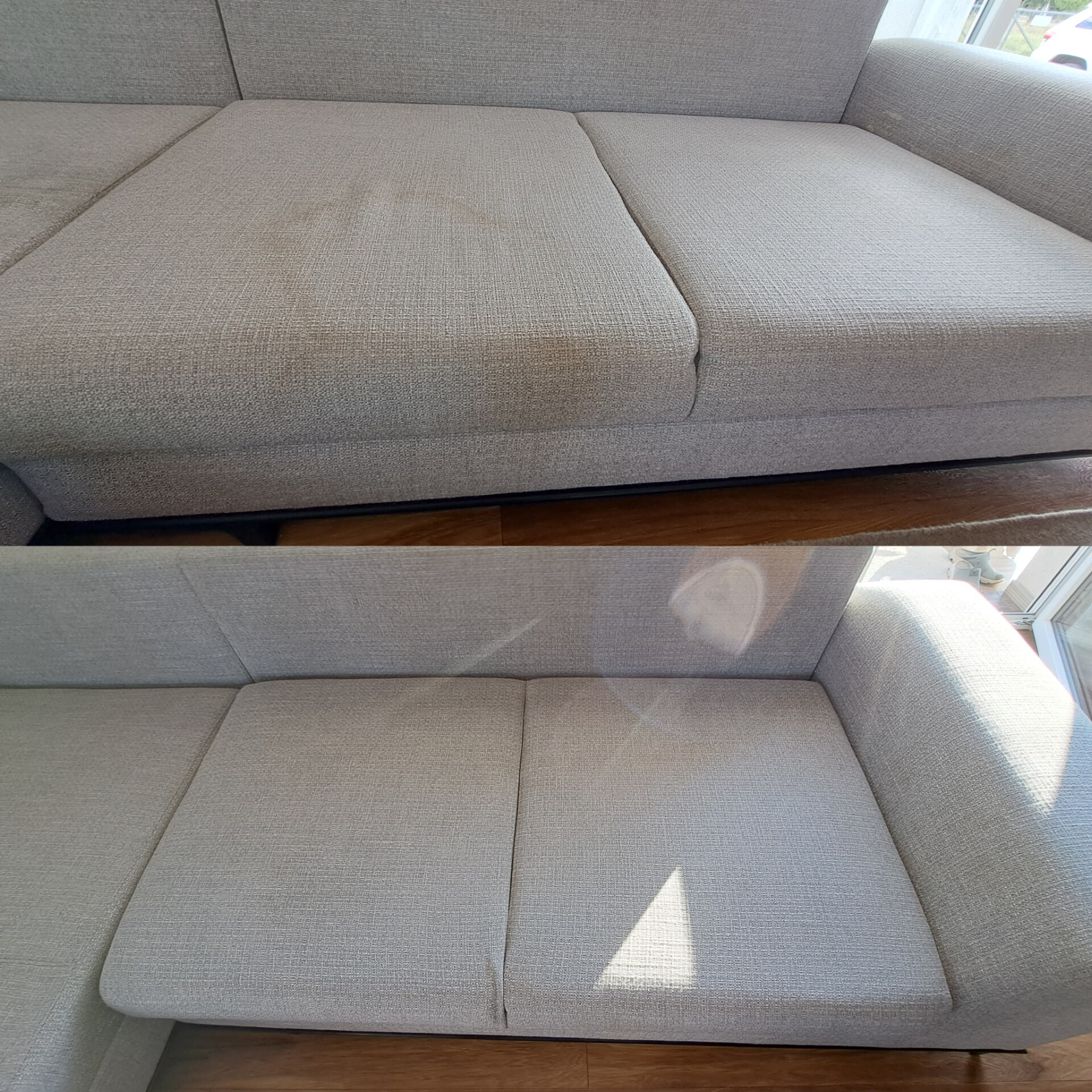 Zdjęcie 'przed i po' prania jasnej, tapicerowanej sofy. Na górze widoczne zabrudzenia, na dole czysta powierzchnia. Widoczna różnica po czyszczeniu.