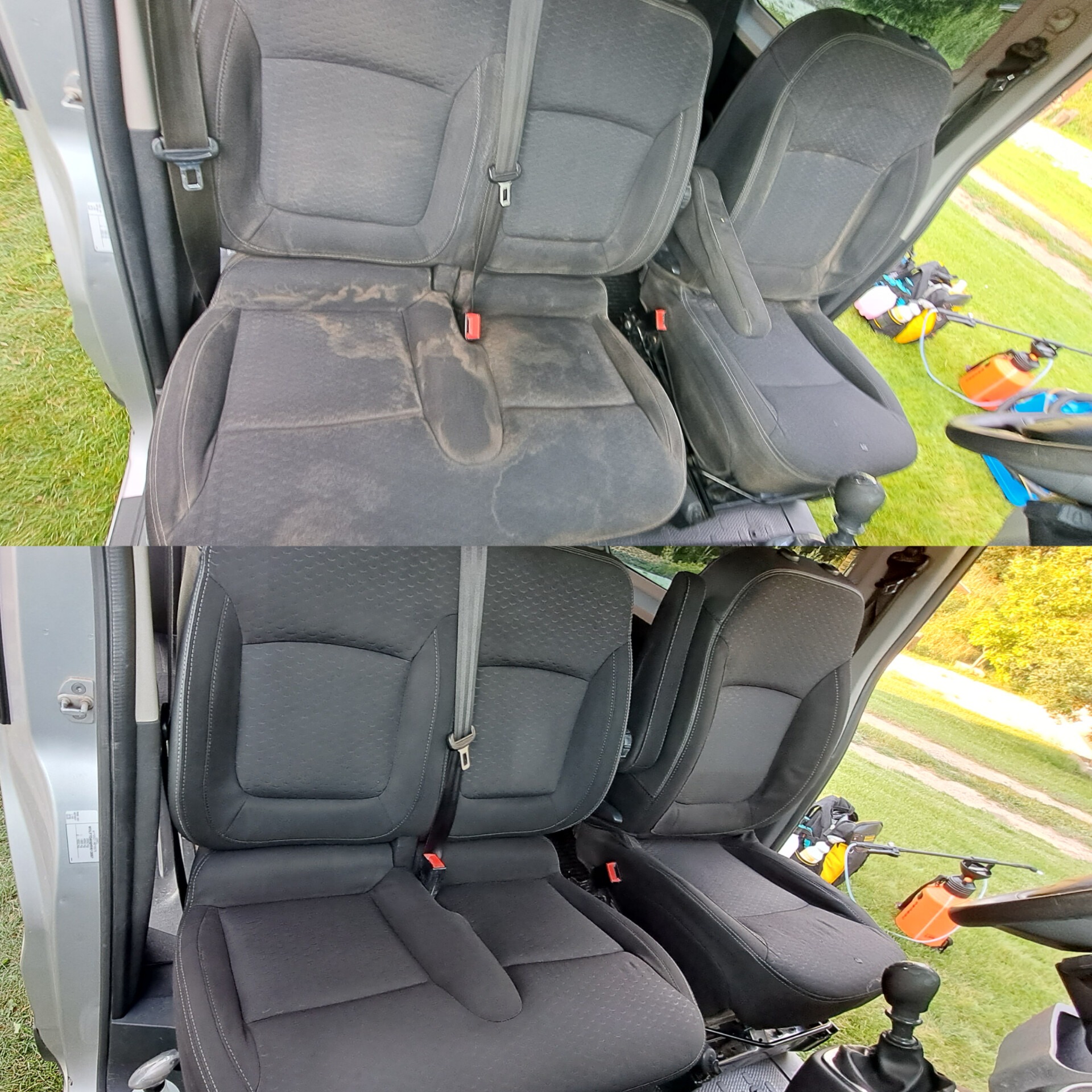 Tapicerka samochodowa przed i po czyszczeniu. Widoczne różnice w czystości siedzeń, od zabrudzeń do odświeżonego wyglądu. Czyszczenie wykonano z użyciem opryskiwacza.