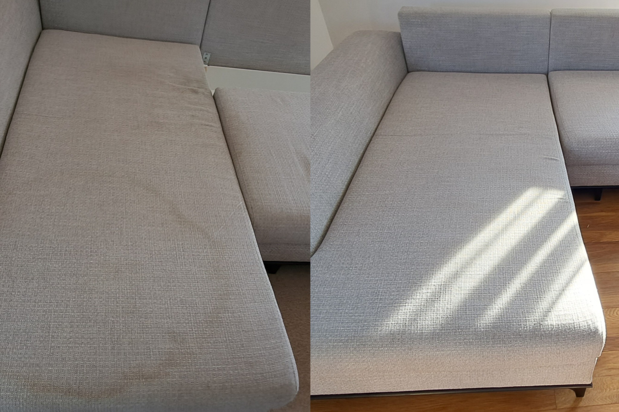 Sofa modułowa w odcieniach szarości, podzielona na dwie części: lewa strona zabrudzona, prawa po czyszczeniu, z widocznymi promieniami słońca.