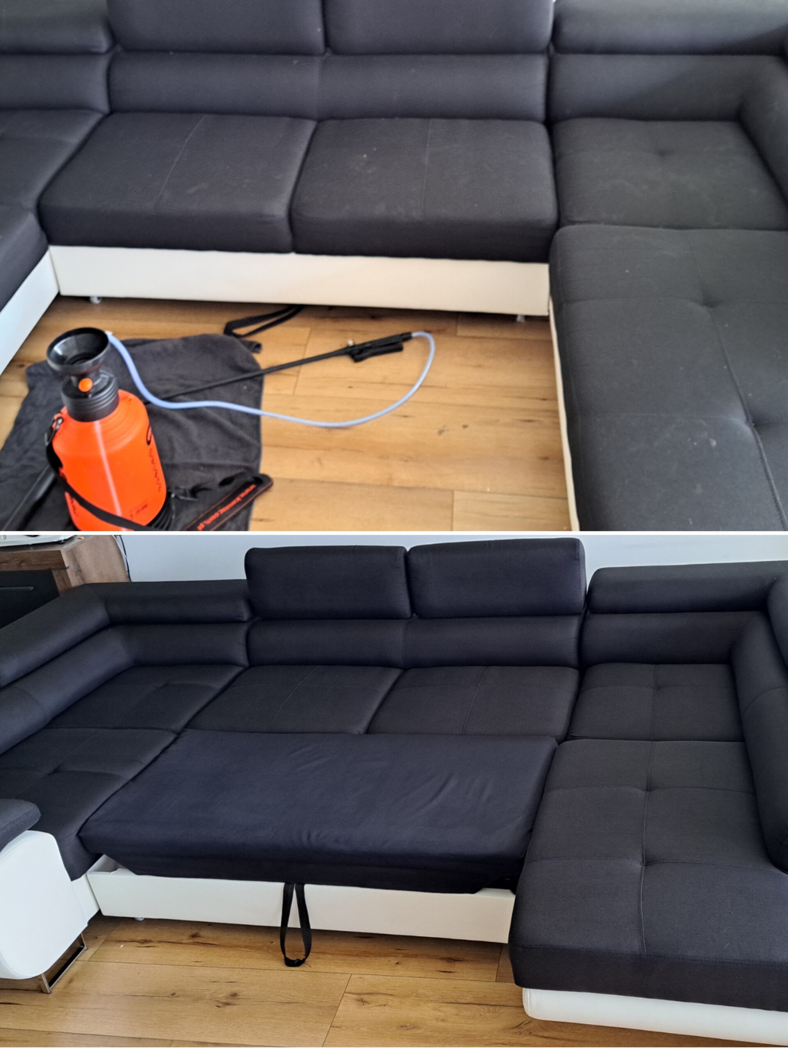 Zdjęcie przedstawia narożnik przed i po czyszczeniu. W górnej części widoczny narożnik z plamami, a w dolnej po czyszczeniu, z wysuniętą częścią do spania.