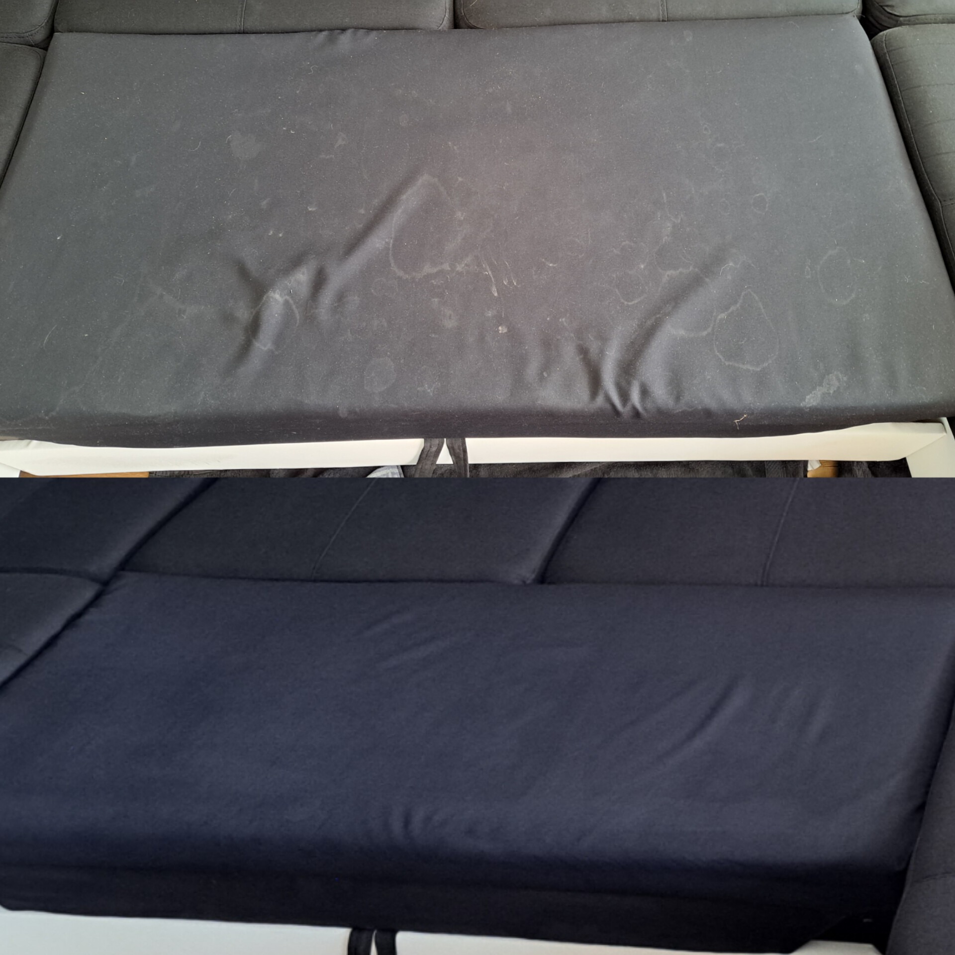 Ciemna kanapa przed i po czyszczeniu: widoczne plamy i zabrudzenia na górze, czysta, jednolita powierzchnia na dole. Efekt prania tapicerki.