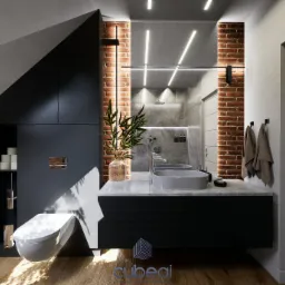 Nowoczesna łazienka na poddaszu z umywalką nablatową, toaletą podwieszaną, ceglaną ścianą i oświetleniem LED