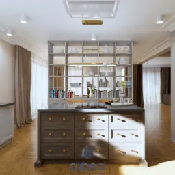 Elegancka kuchnia z wyspą i regałem na naczynia, drewniana podłoga w jodełkę, złote gałki szuflad, płyta indukcyjna na wyspie, nowoczesne oświetlenie sufitowe.