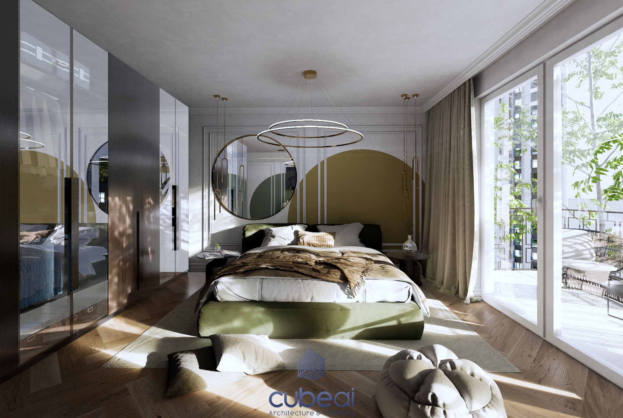 Nowoczesna sypialnia z zielonym łóżkiem, okrągłymi lustrami i designerską lampą pierścieniową, widok na balkon z roślinnością miejską.